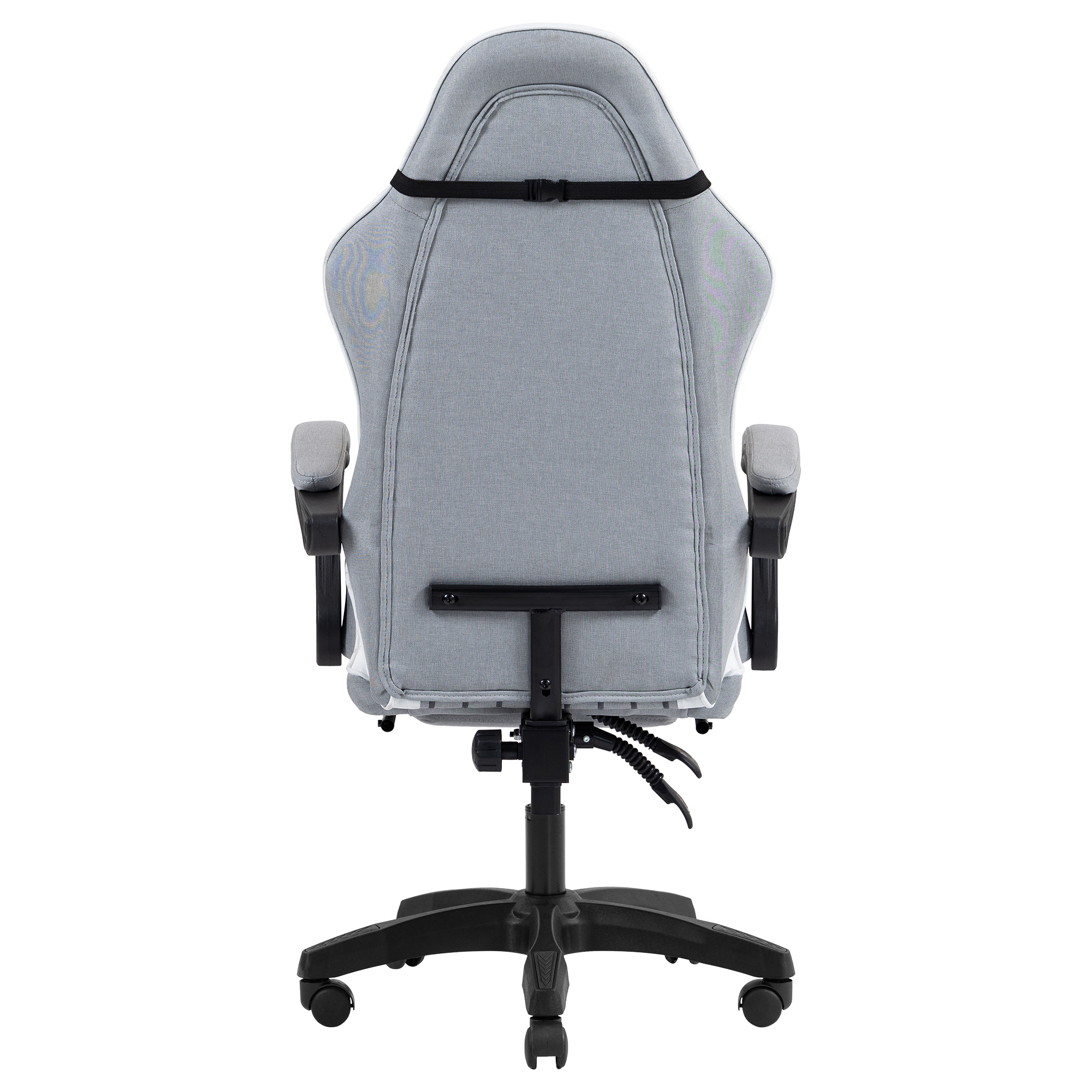 Vista trasera de silla de oficina gris con base y ruedas negras.