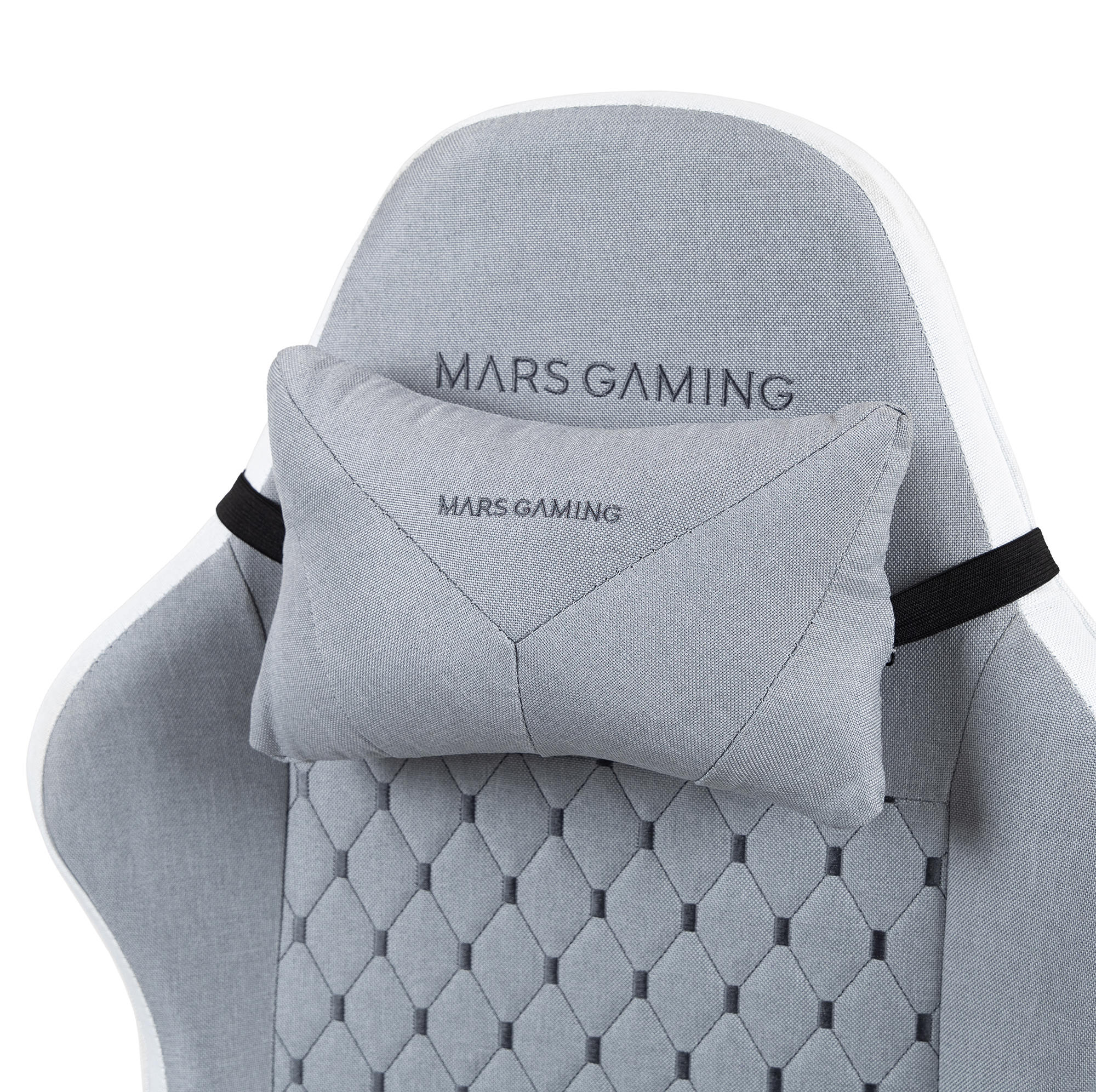 Silla gamer gris con almohada para la cabeza con logo "MARS GAMING".