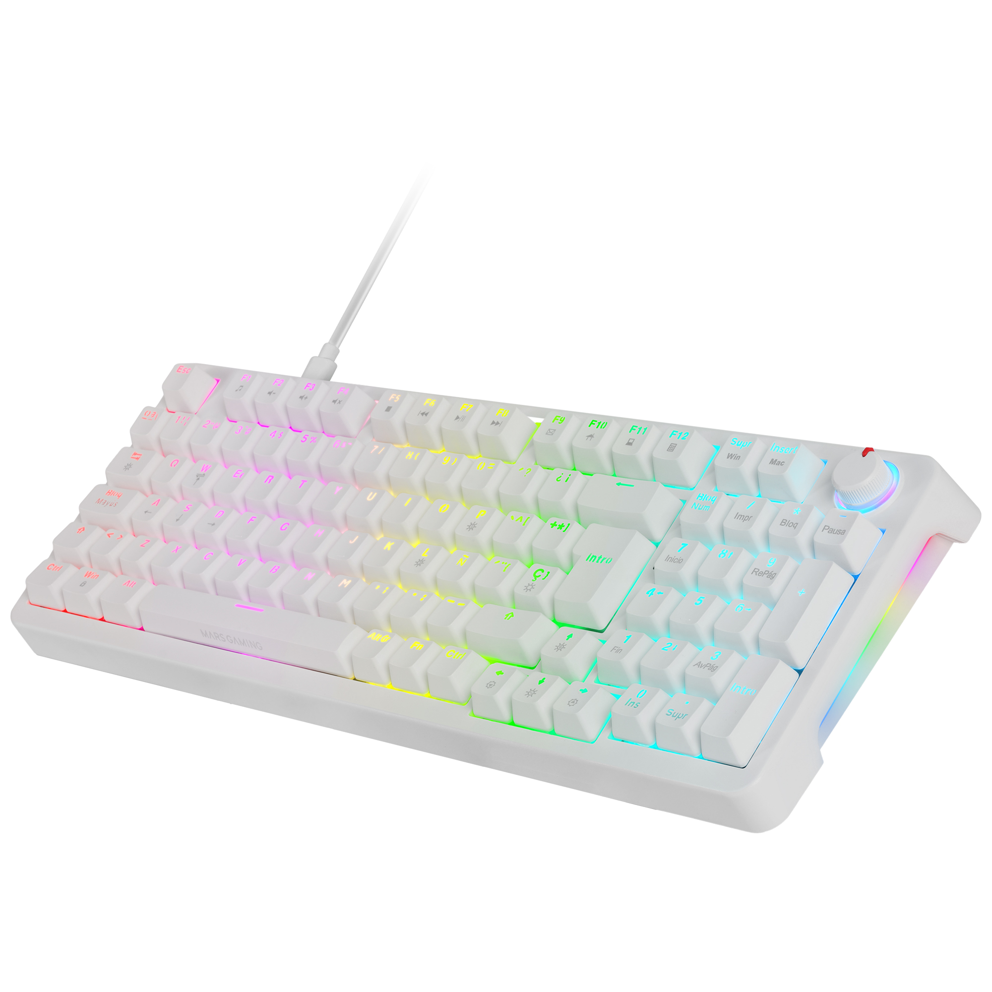 Una tastiera bianca con retroilluminazione RGB e una manopola rotante.