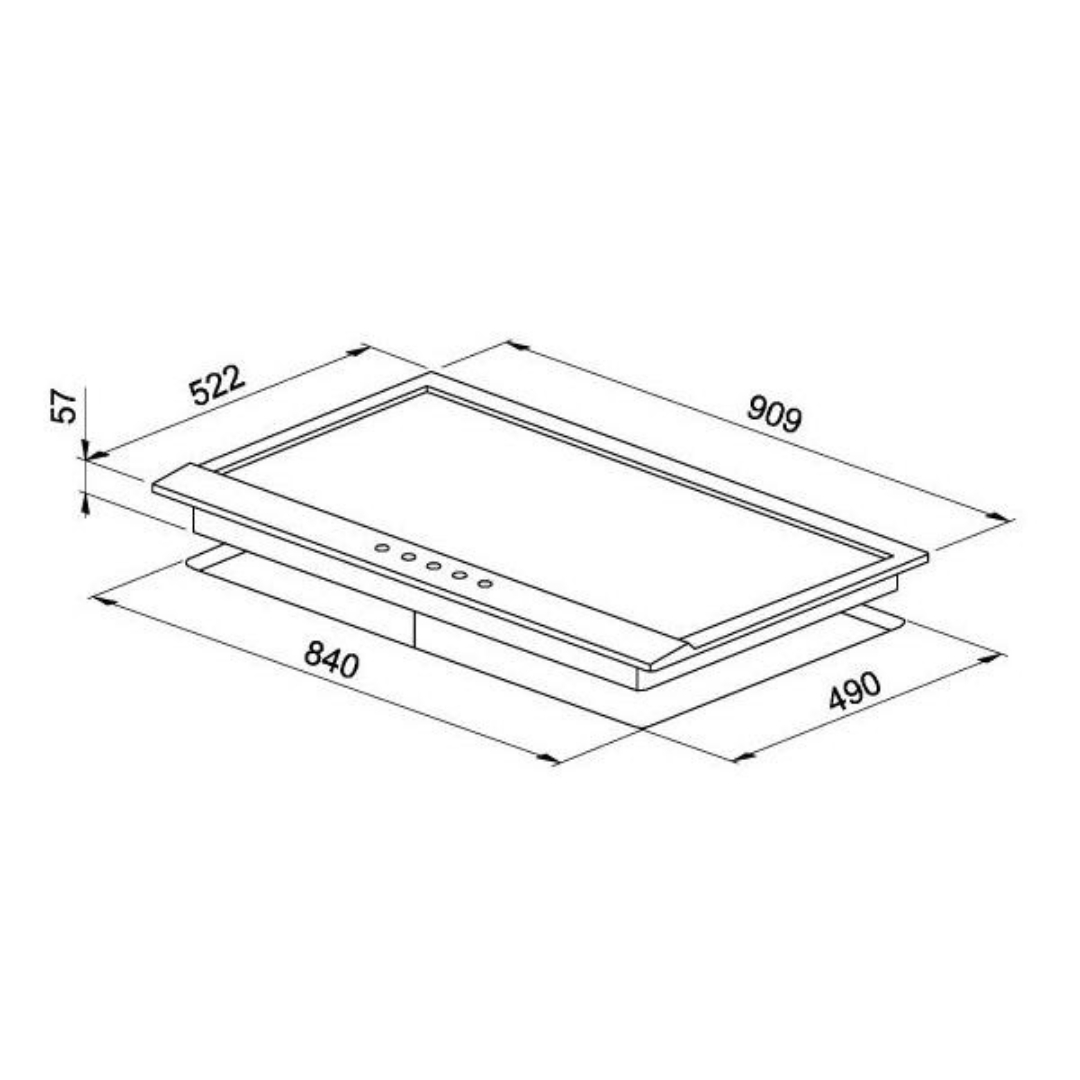Disegno tecnico di una cappa aspirante con dimensioni.
