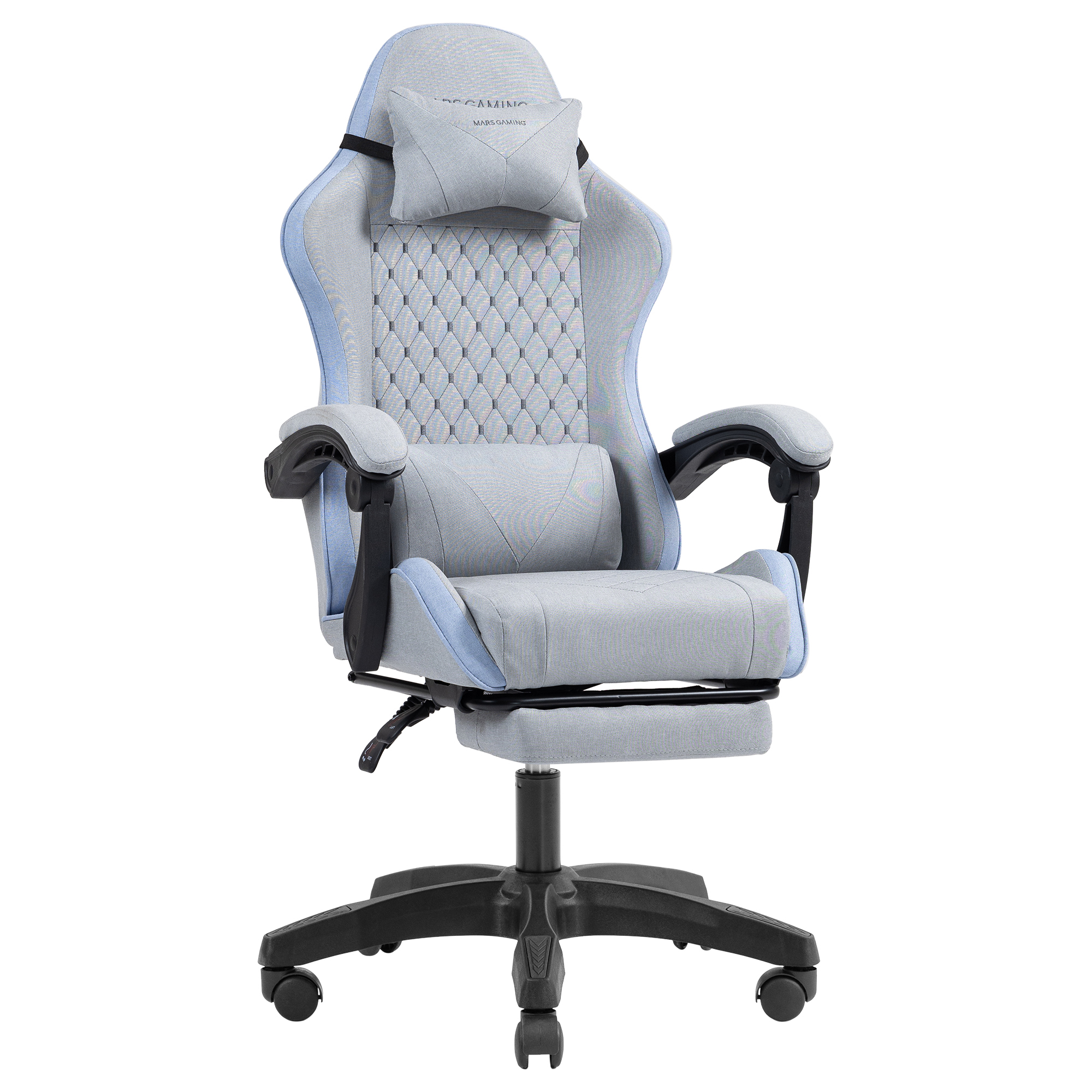 Silla gamer gris con detalles azules, reposacabezas y cojín lumbar.