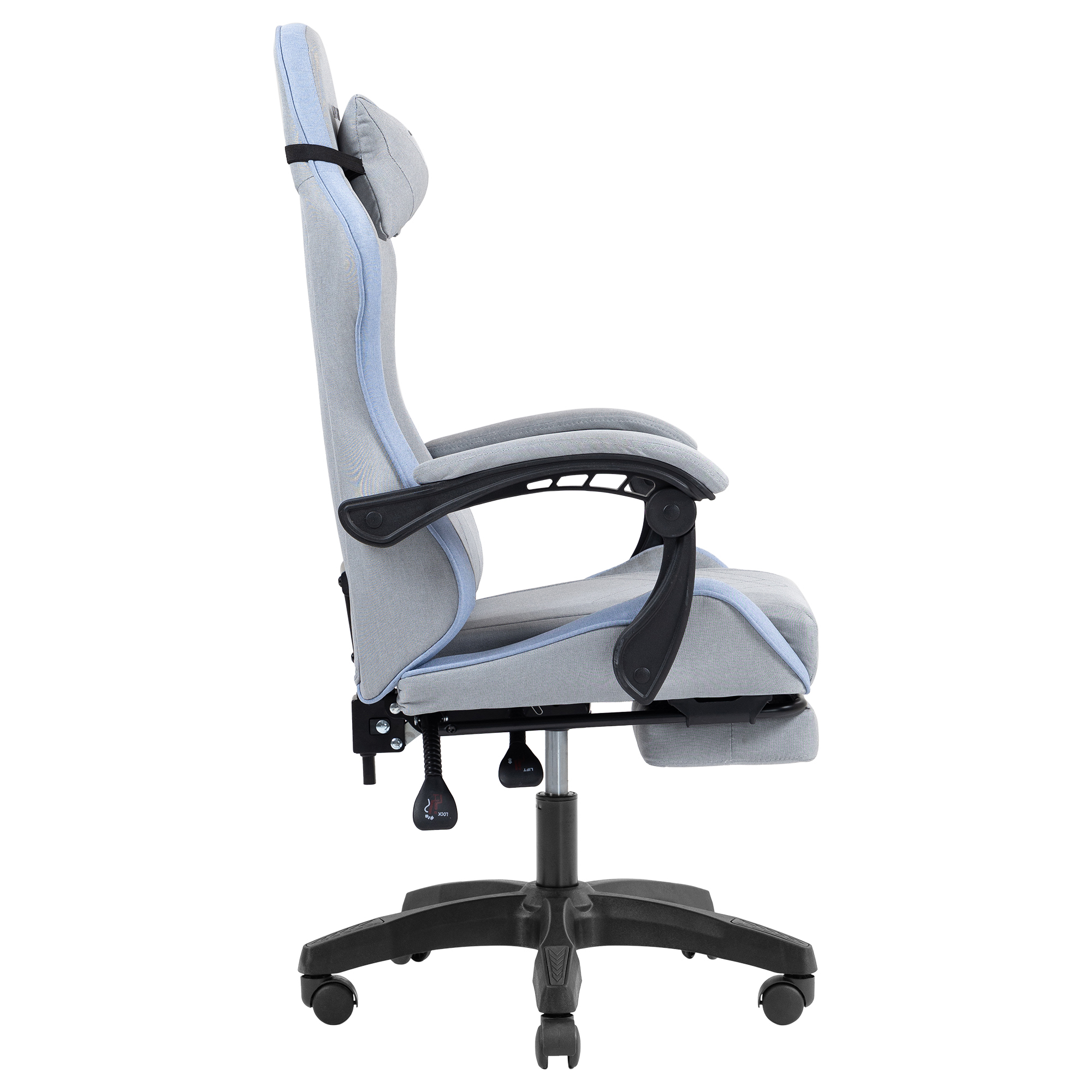 Silla de oficina gris con detalles azules, reposacabezas y reposapiés ajustables.
