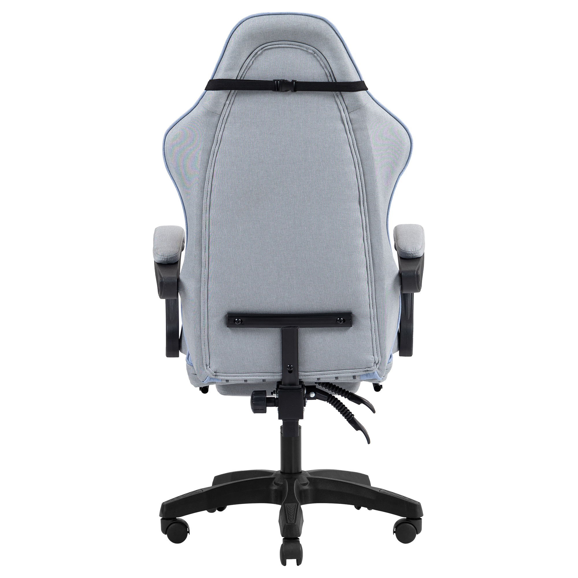 Vista trasera de silla gamer gris con detalles negros y ruedas.