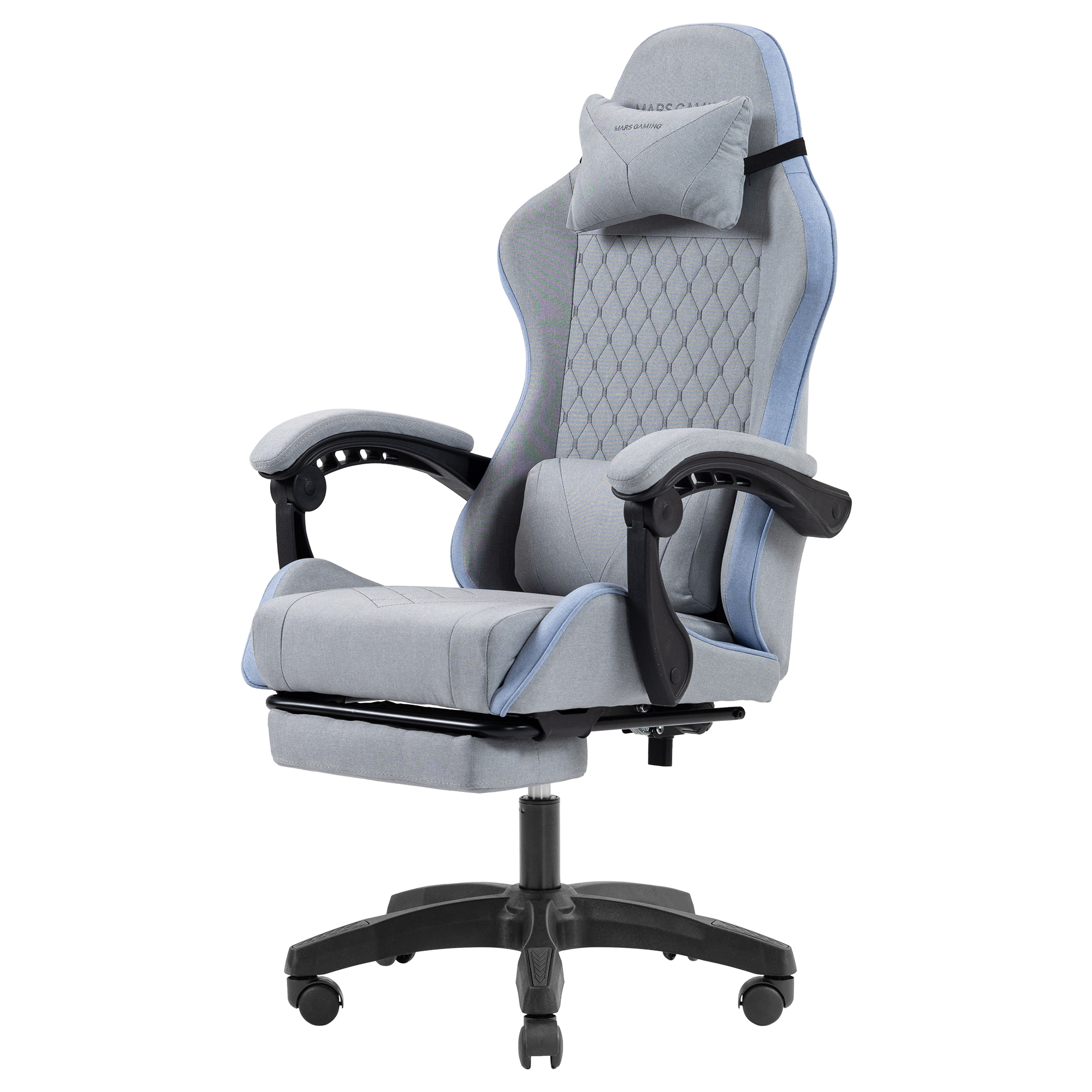 Silla gamer gris con soporte lumbar y cojín cervical ajustables.