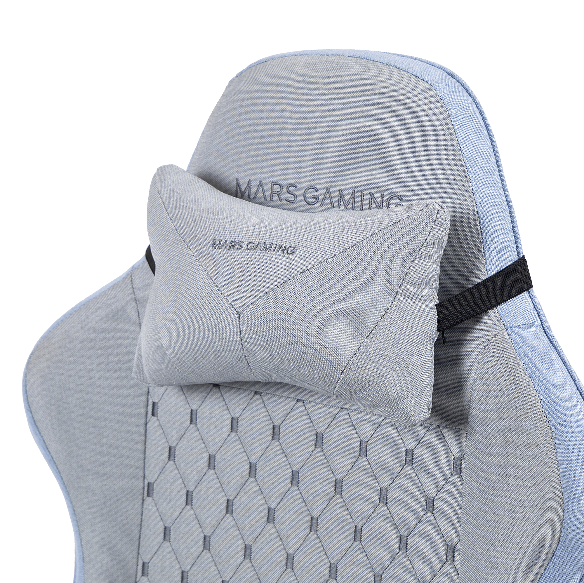 Silla gaming gris con almohada cervical y logo "Mars Gaming".