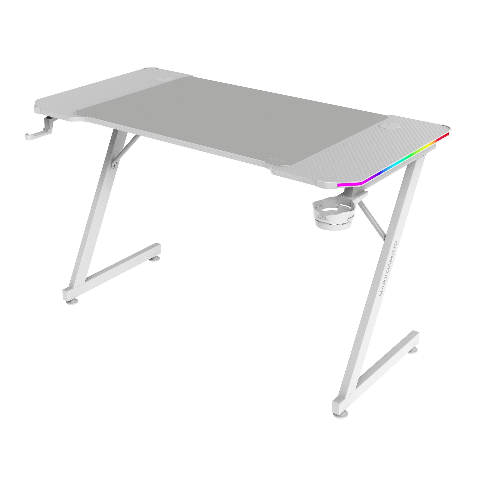 Un escritorio blanco con iluminación RGB y portavasos.