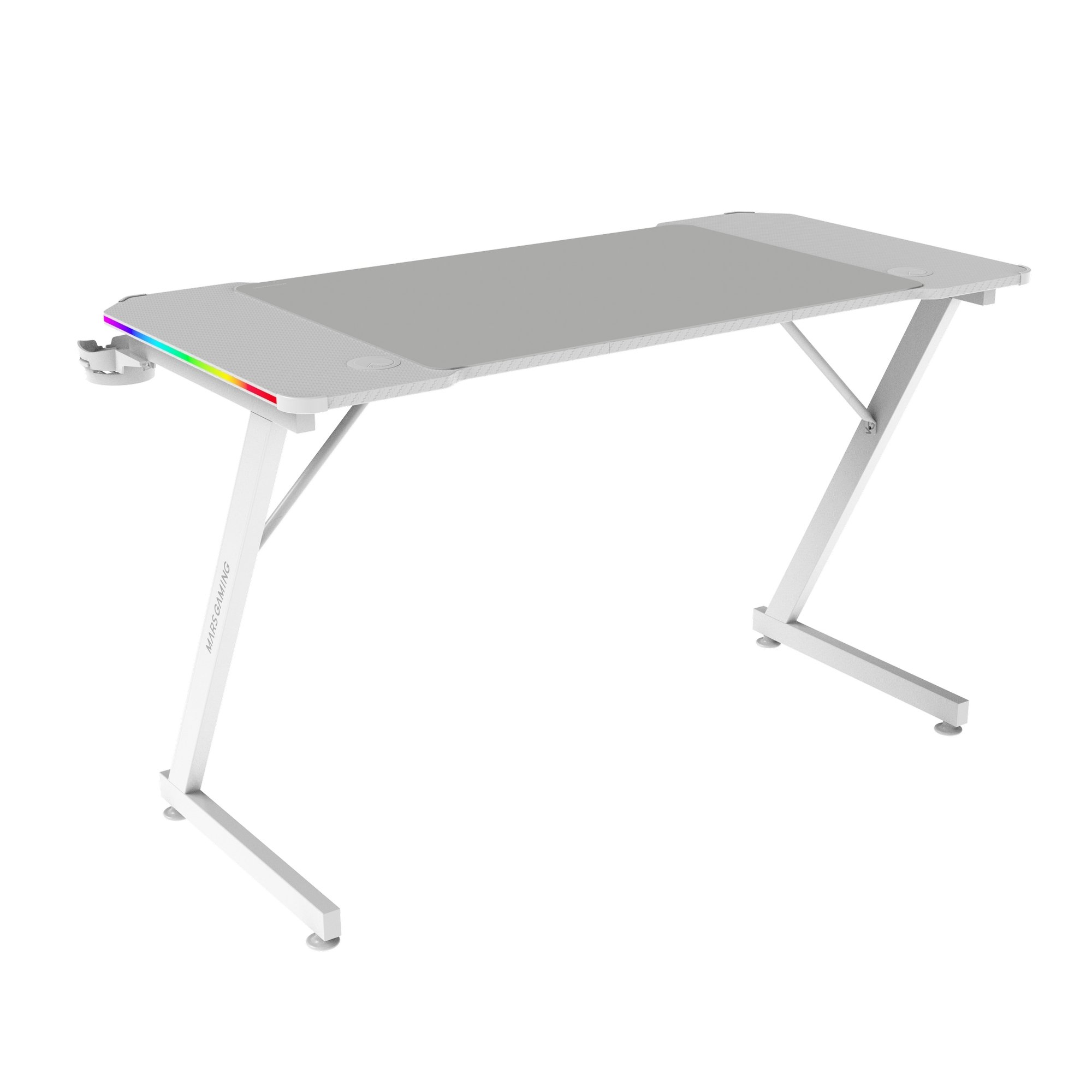 Un escritorio blanco con tablero gris e iluminación RGB.