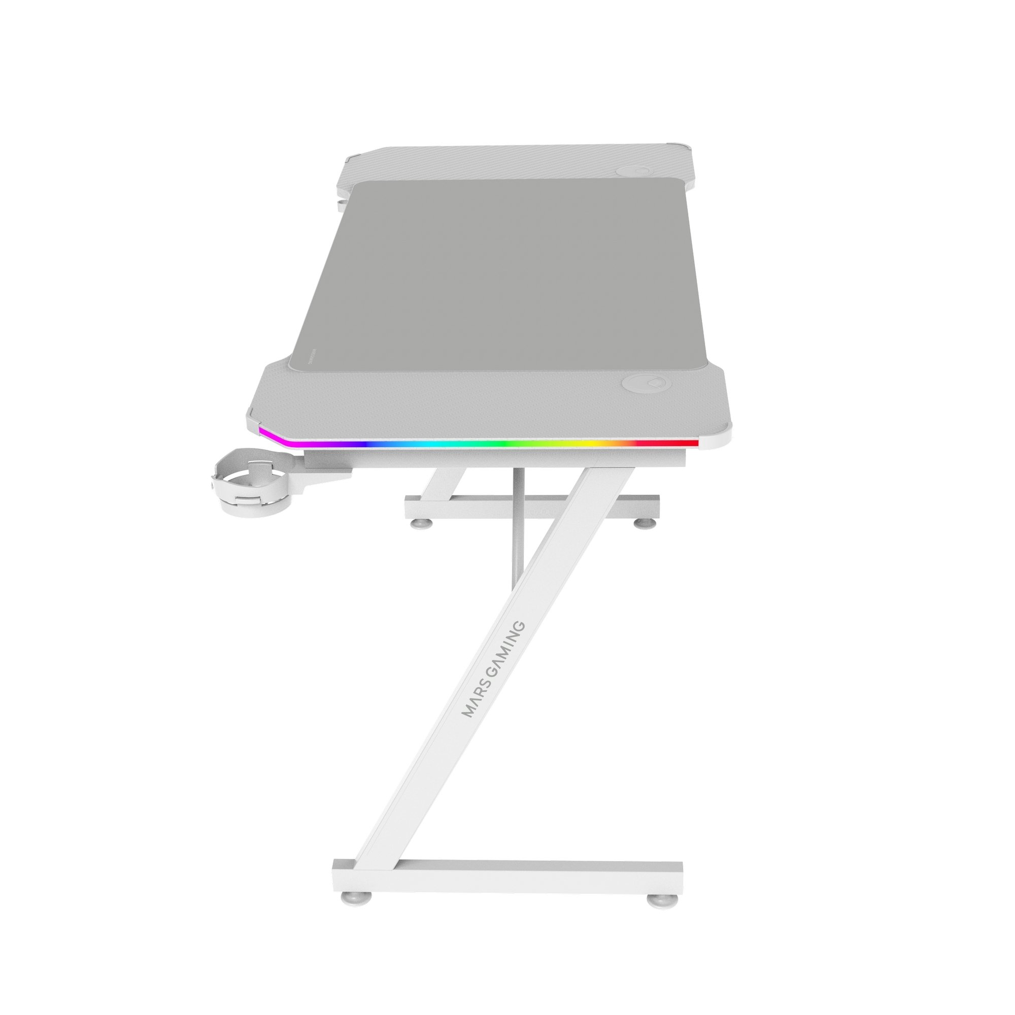 Un escritorio blanco con iluminación RGB y portavasos.