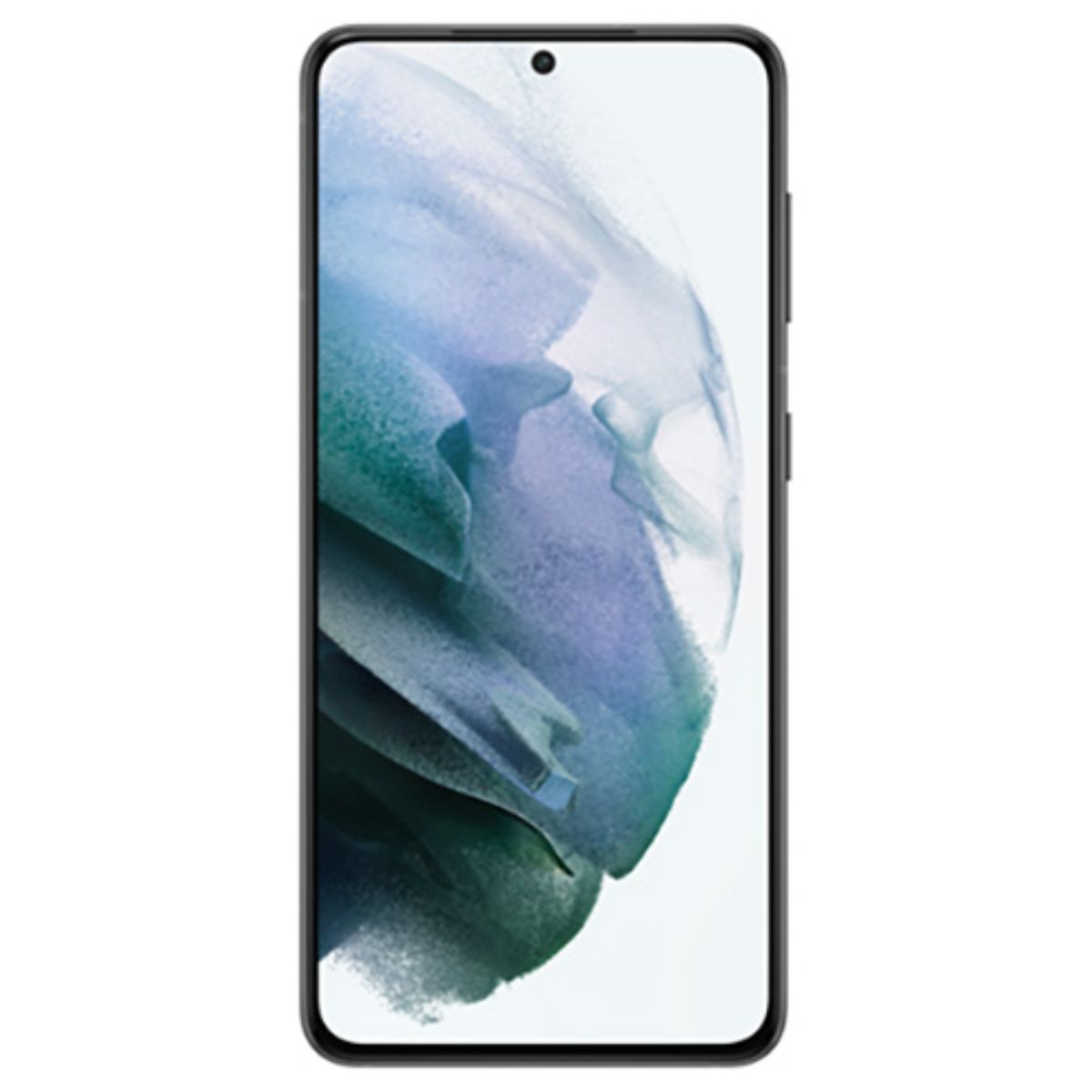 Ein schwarzes Smartphone mit einem abstrakten, blauen und grünen Hintergrundbild.