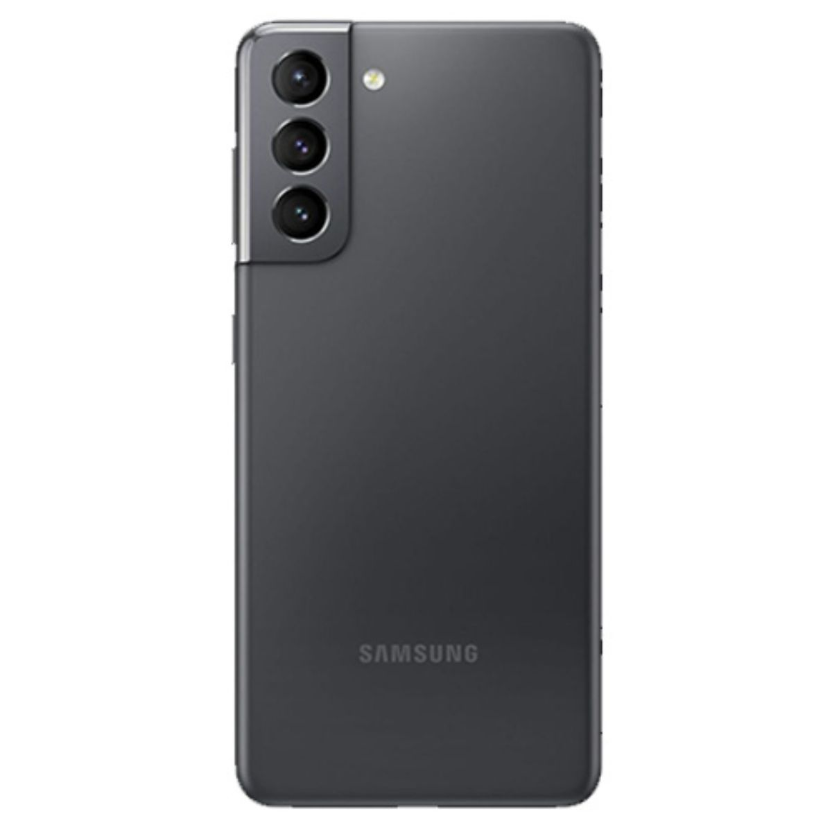 Rückseite eines dunklen Samsung-Smartphones mit drei Kameras und Blitz.