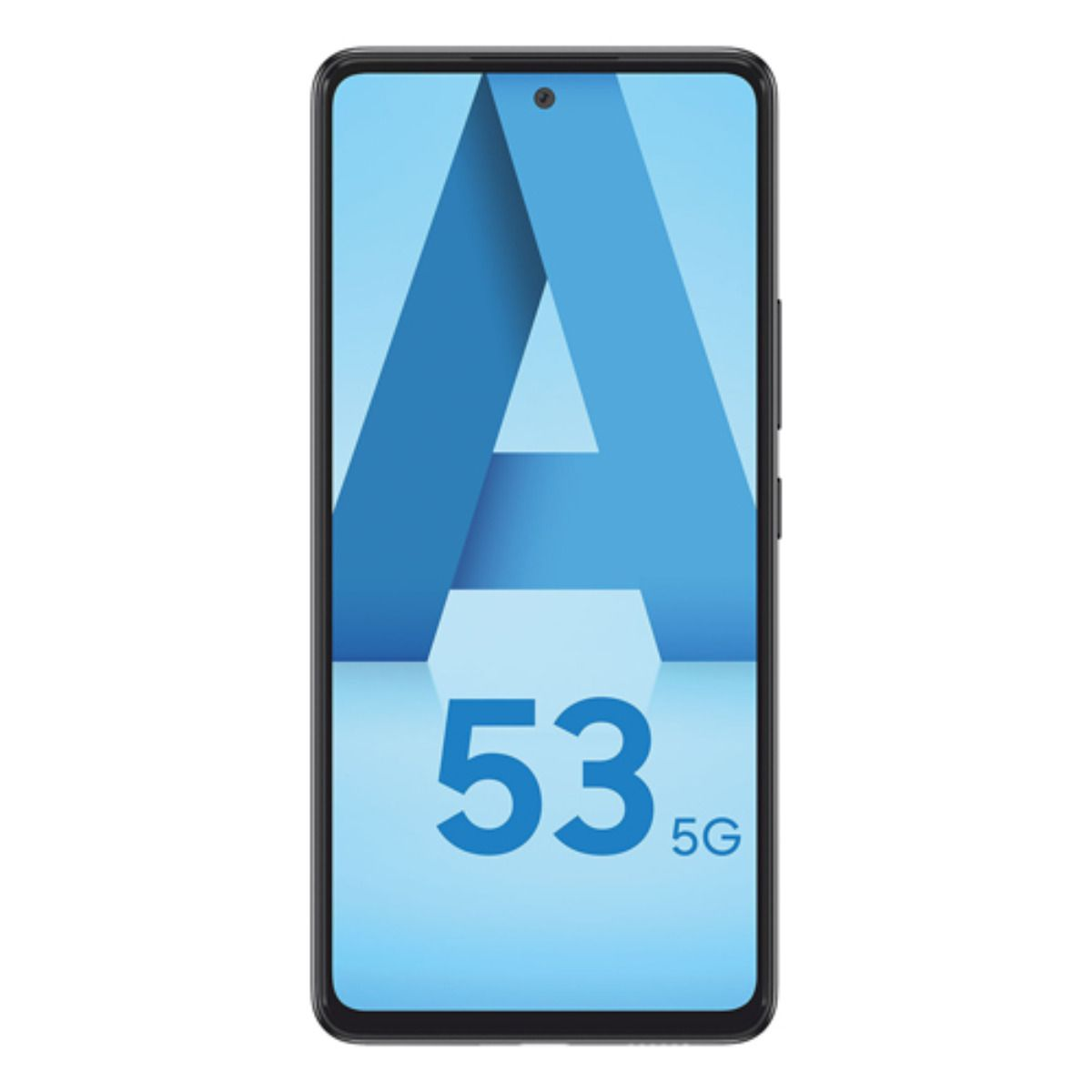 Ein schwarzes Smartphone mit einem blauen Bildschirm, auf dem ein großes blaues A und „53 5G“ steht.