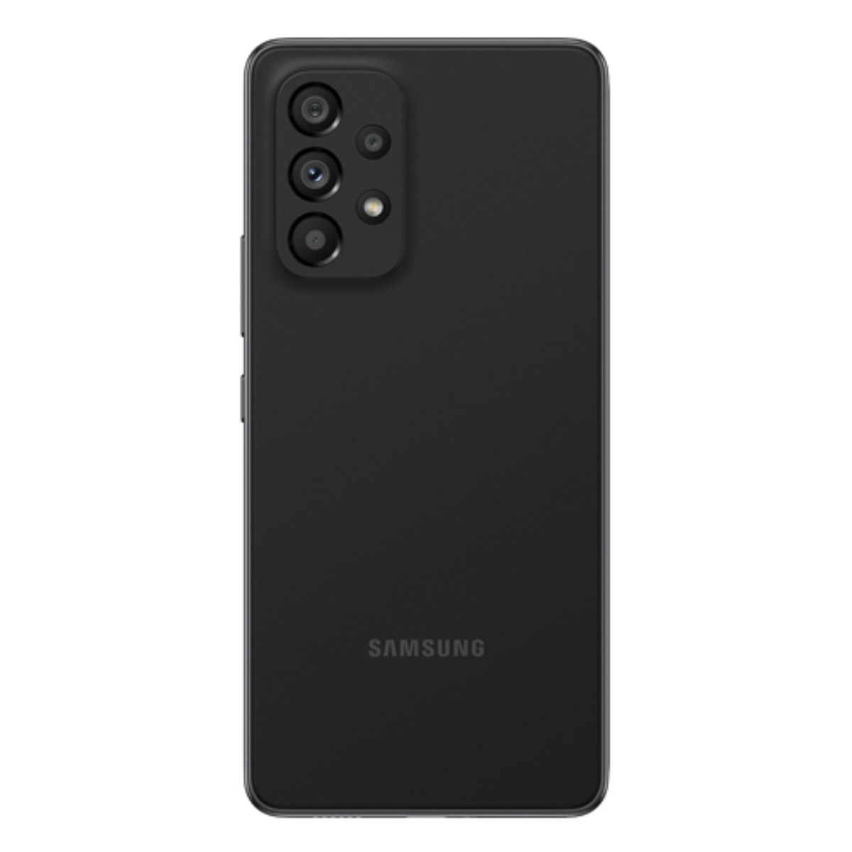 Schwarzes Samsung Smartphone mit vierfacher Kamera auf der Rückseite.