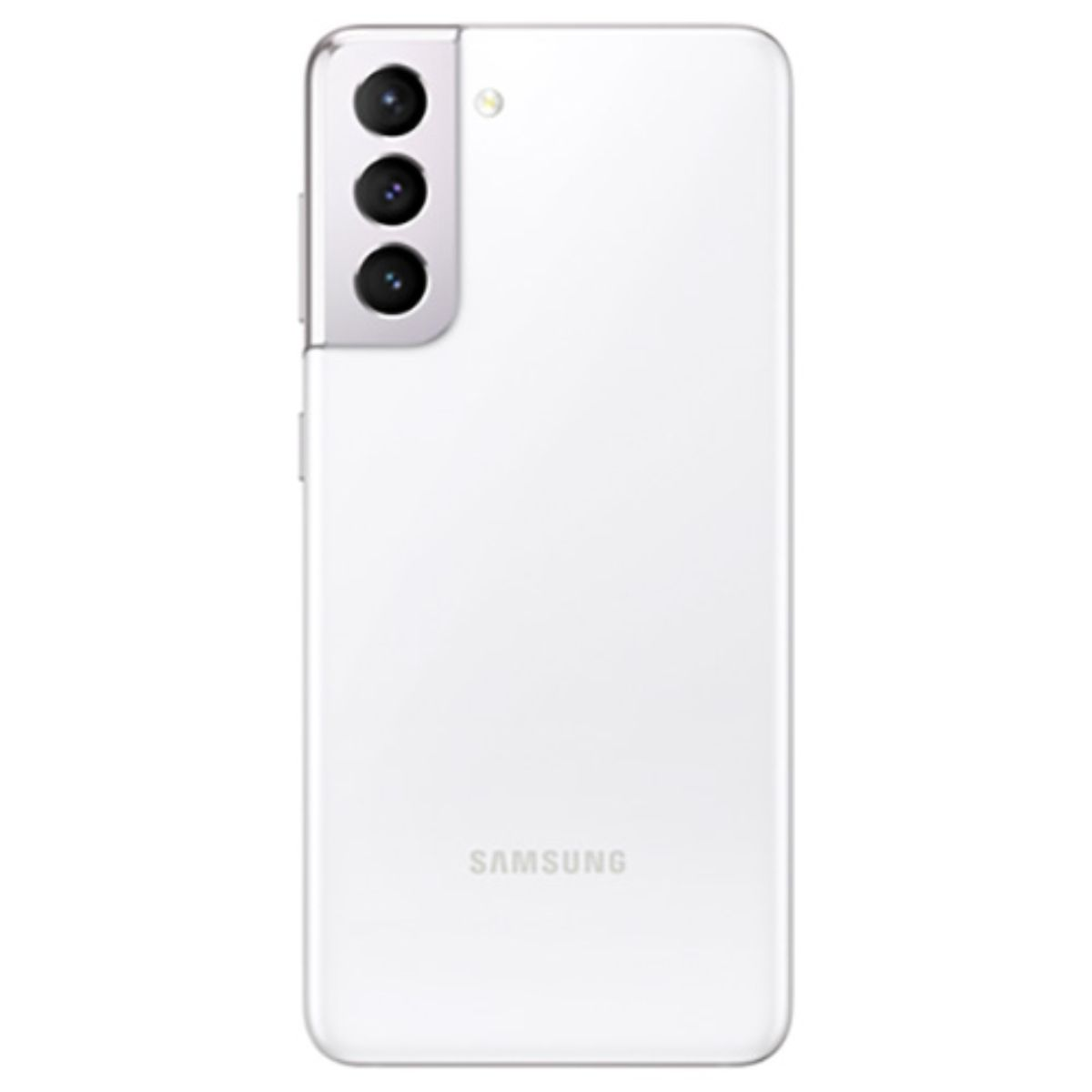 Arrière d'un smartphone Samsung blanc avec trois caméras et logo.