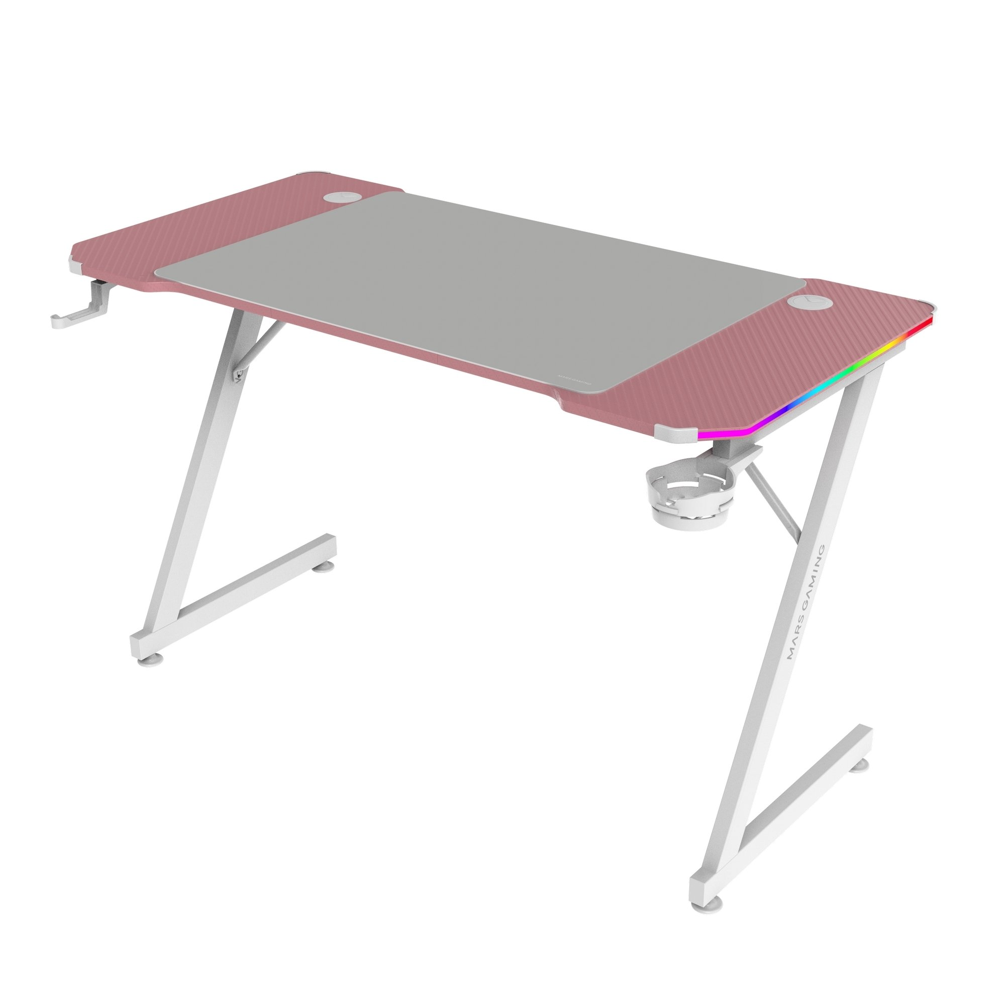 Un escritorio gaming rosa con tapa gris, patas metálicas blancas y luces RGB.