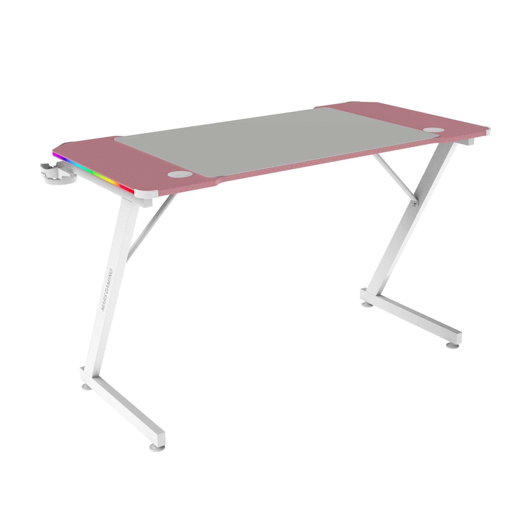 Un escritorio rosa con inserción gris e iluminación RGB.