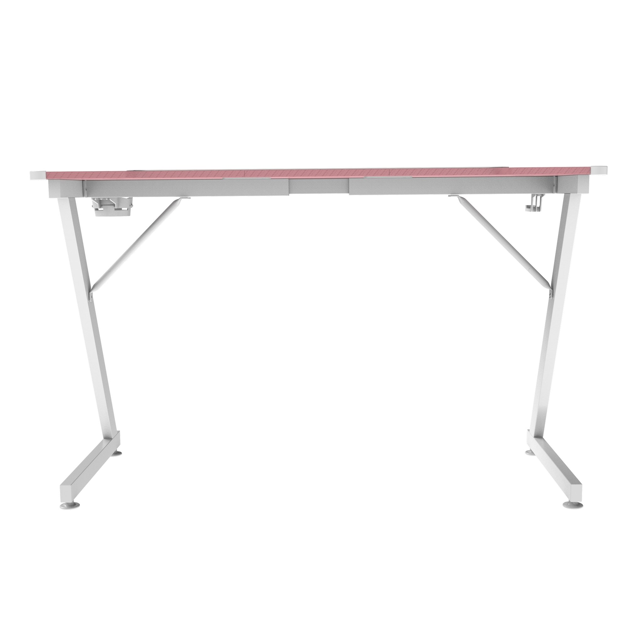 Un escritorio con estructura de metal blanco y superficie rosa.