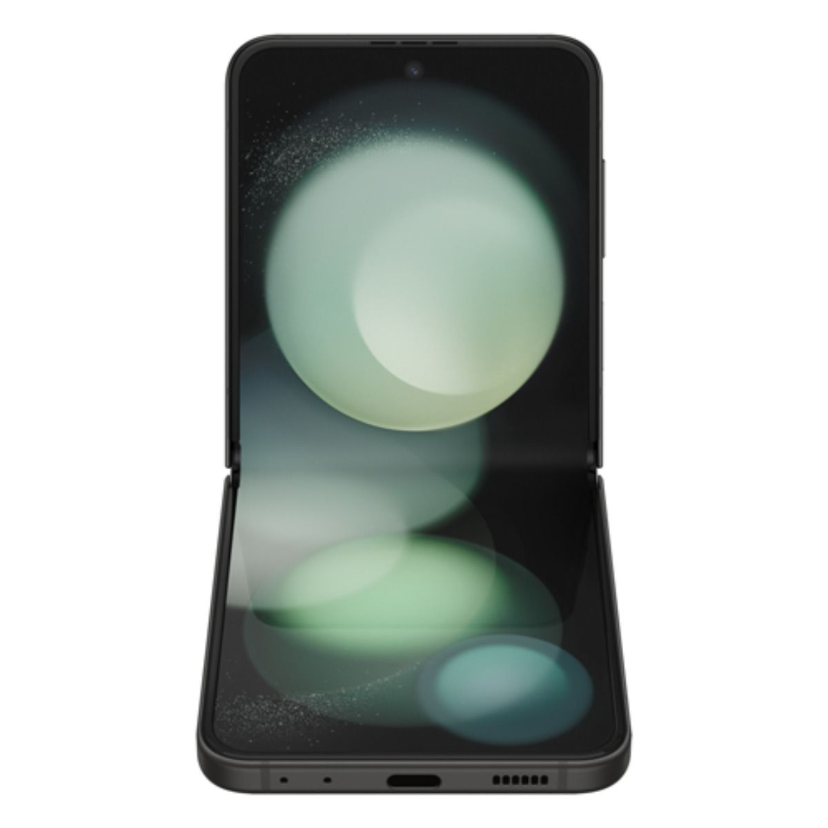 Un téléphone à clapet noir ouvert affiche un fond abstrait vert sur ses écrans.