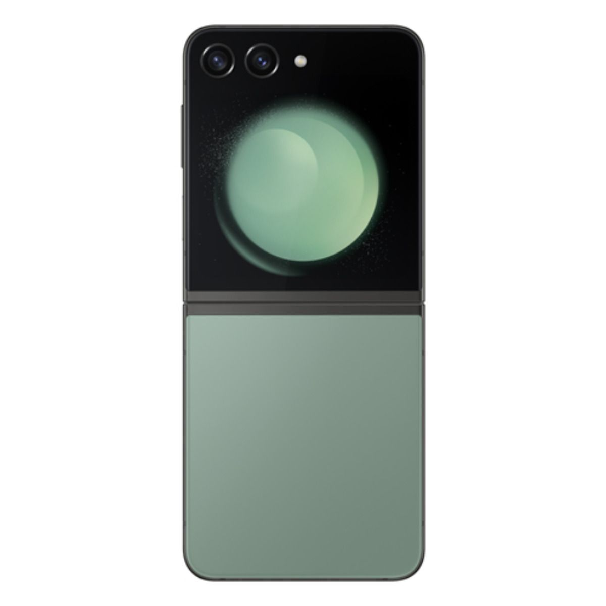Un téléphone à clapet fermé, bicolore, gris et gris foncé avec deux caméras.