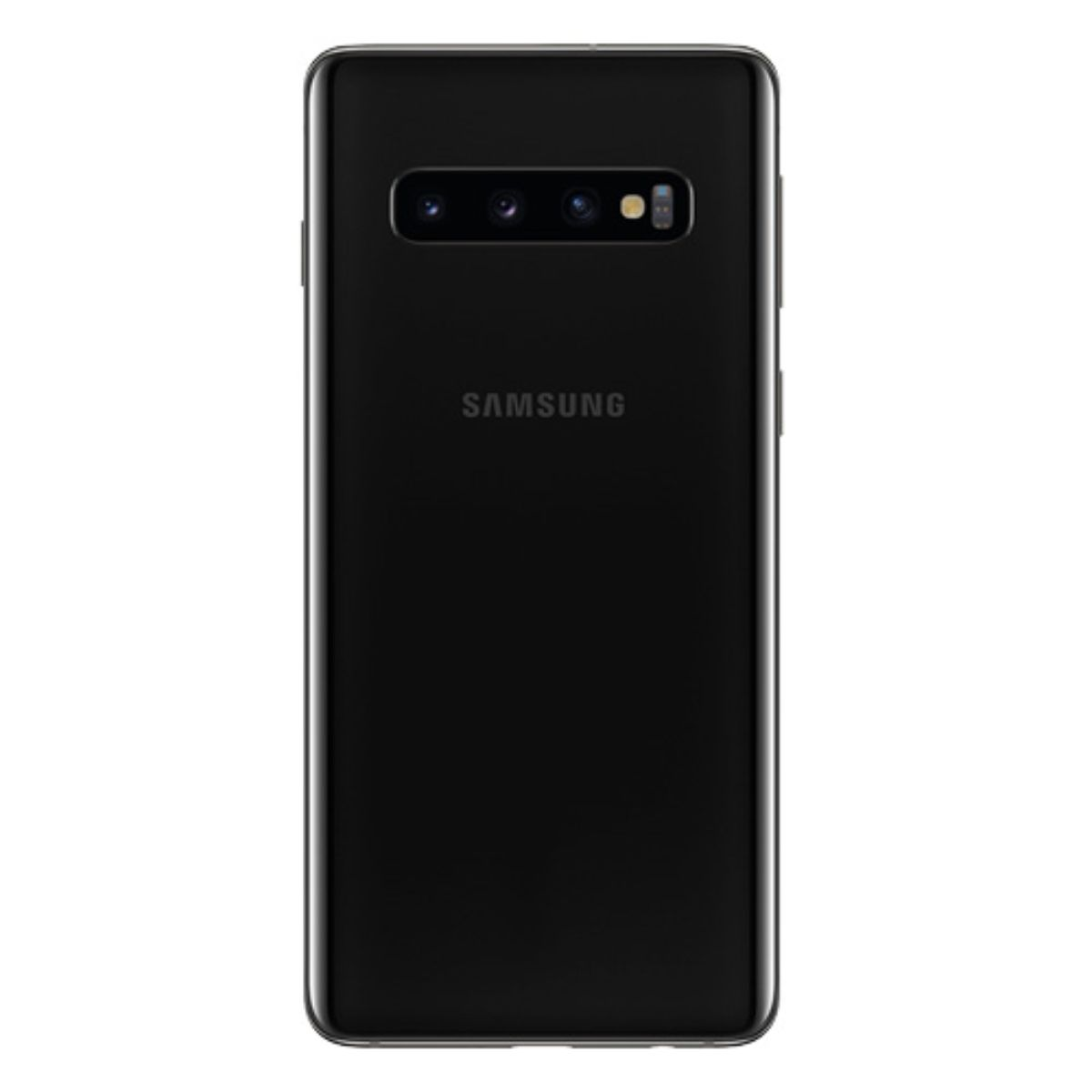 Rückseite eines schwarzen Samsung Smartphones mit drei Kameras und Blitz.