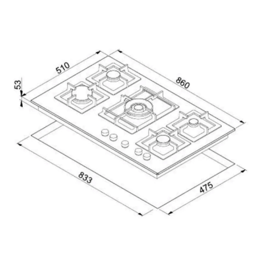 Disegno tecnico di un piano cottura a gas con quattro fuochi e dimensioni.