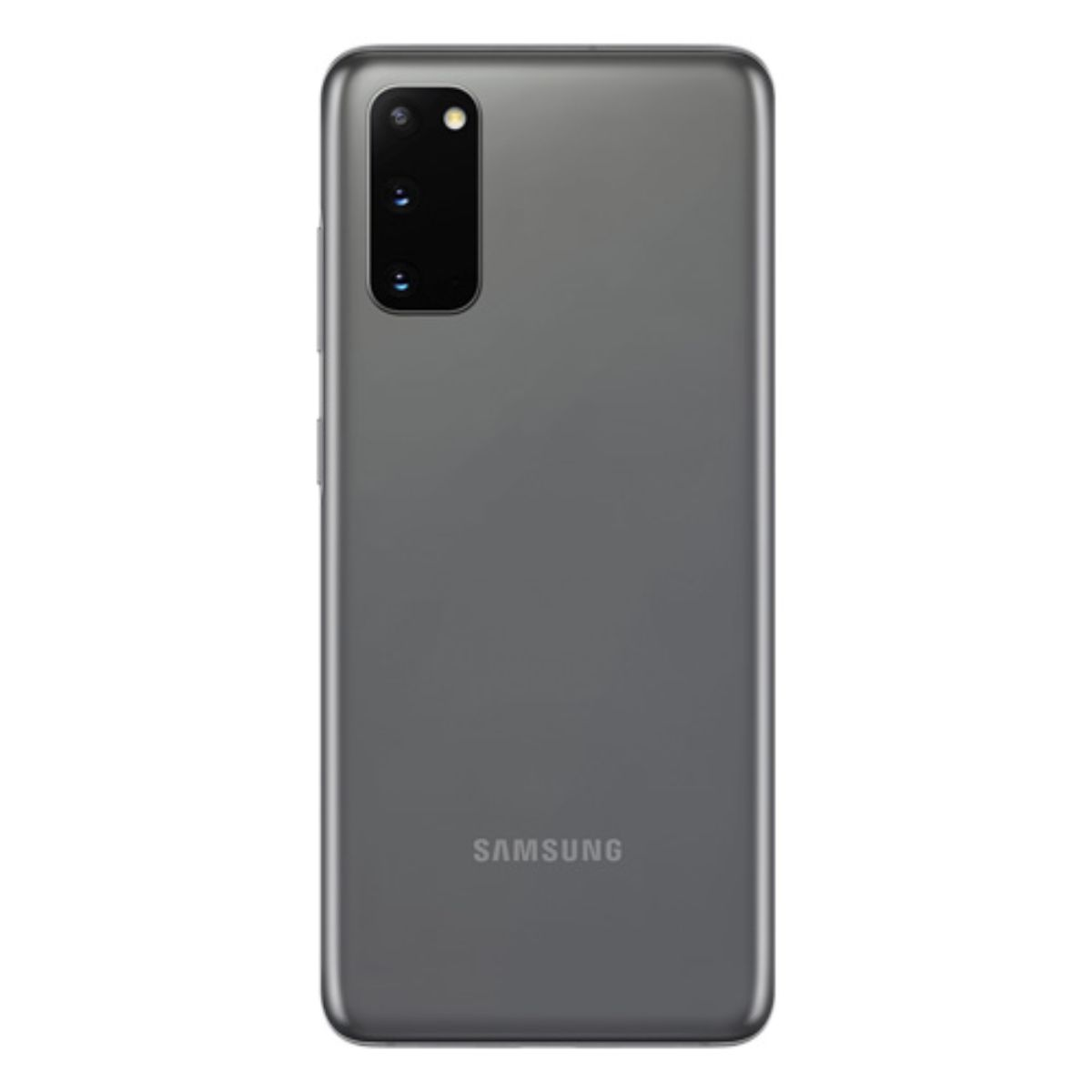 Graues Samsung-Smartphone mit Kameramodul und Logo auf der Rückseite.