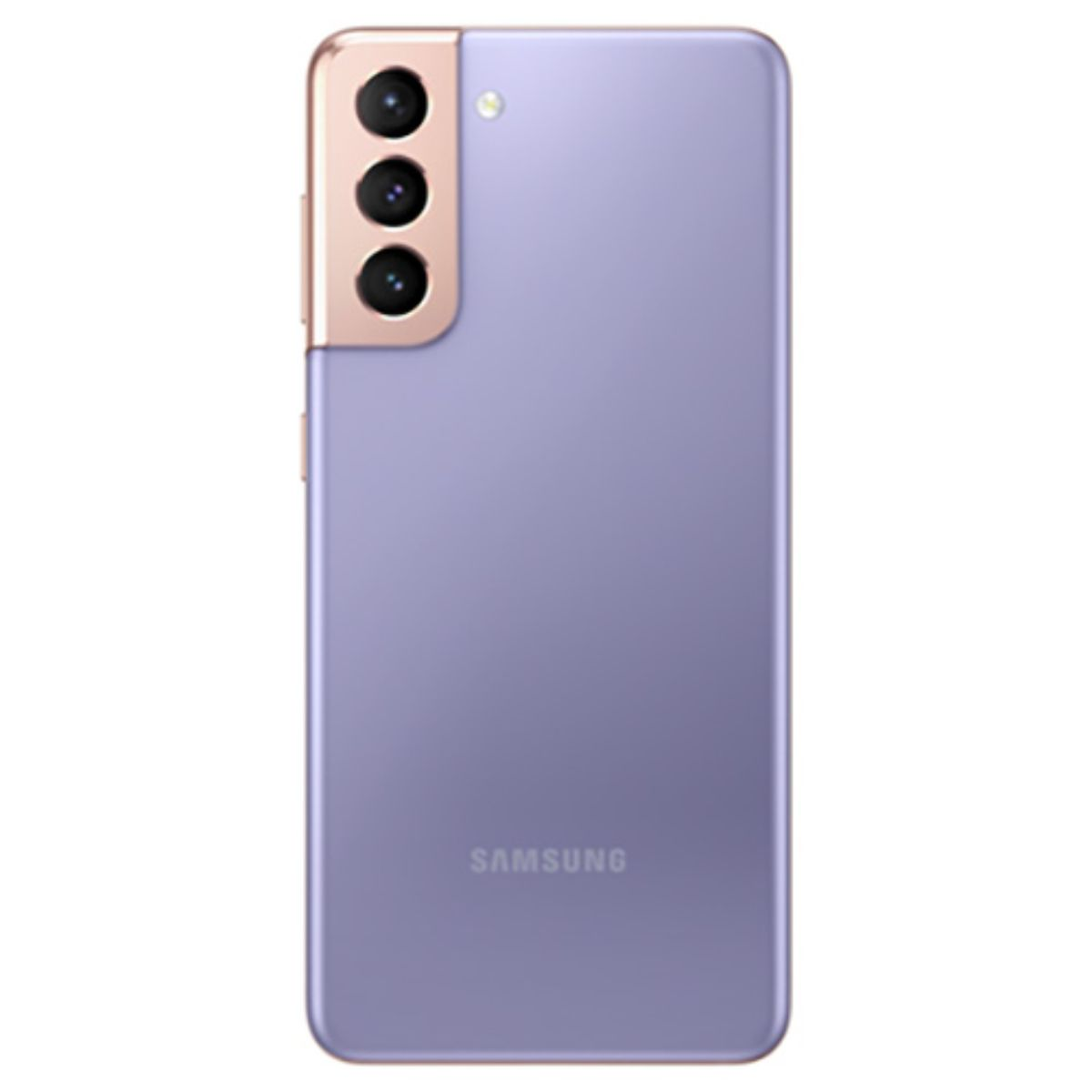 Un smartphone Samsung violet avec trois caméras au dos.