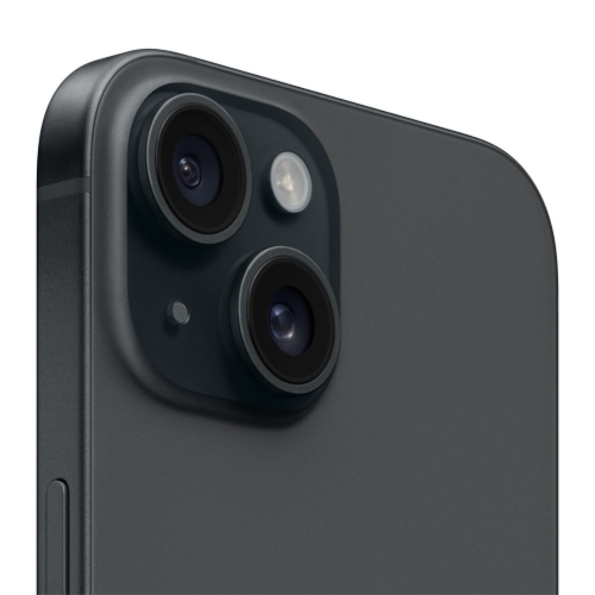Detailaufnahme der Rückseite eines dunklen Smartphones mit zwei Kameras und Blitz.