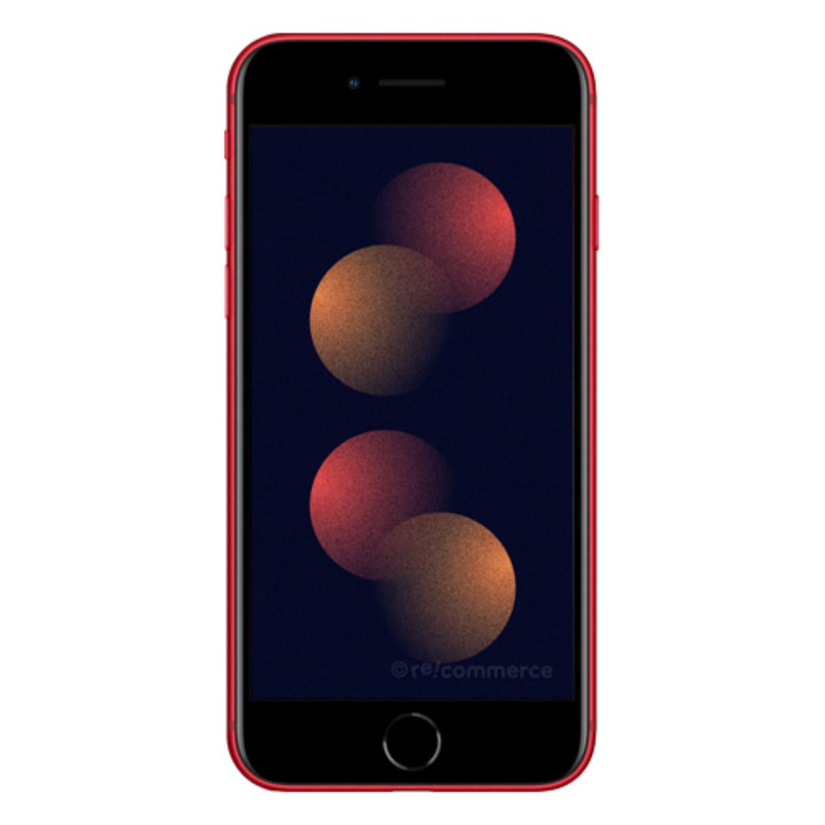 Ein rotes Smartphone mit einem dunklen Hintergrund und vier sich überlappenden Kreisen.