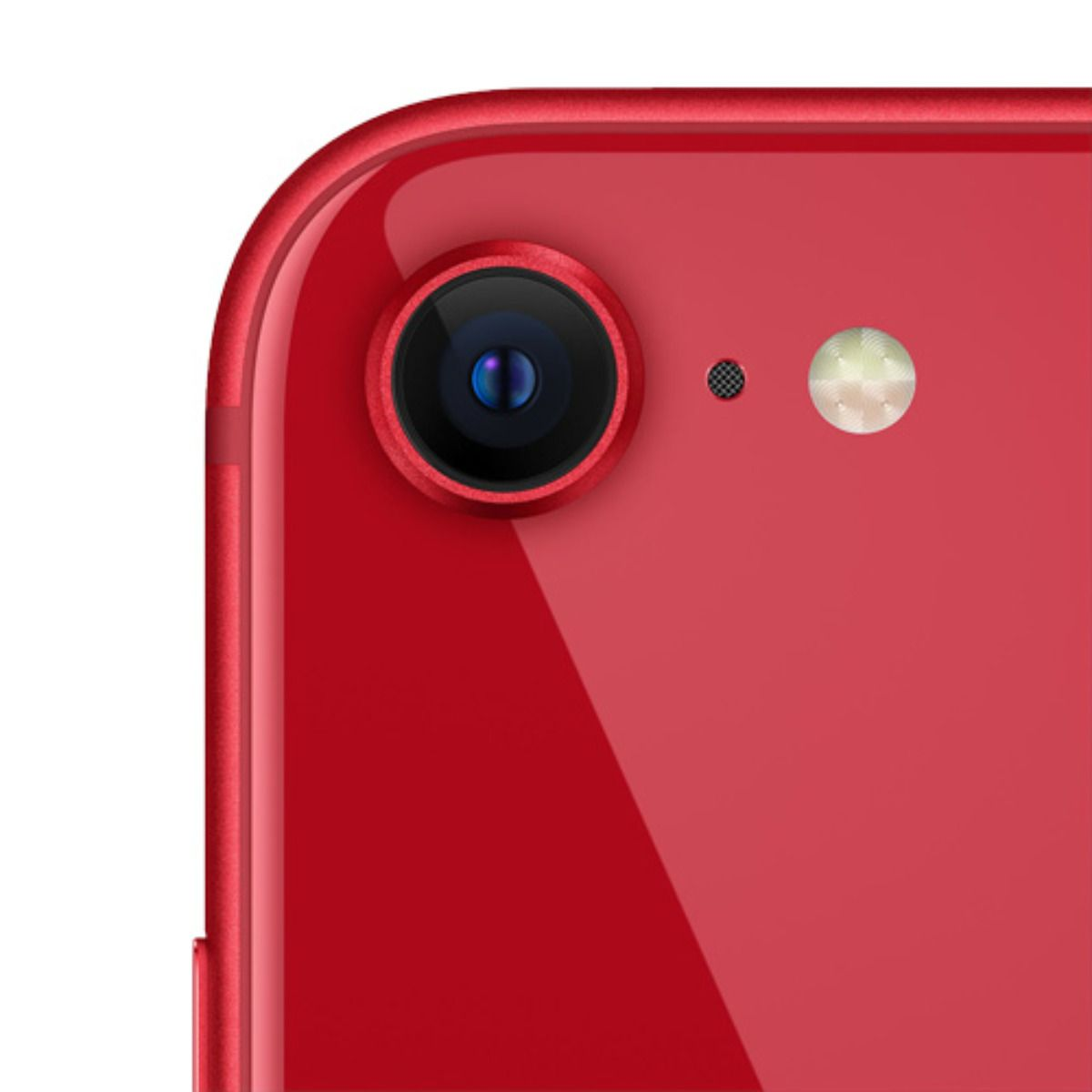 Rückseite eines roten iPhones mit Kamera und Blitz.