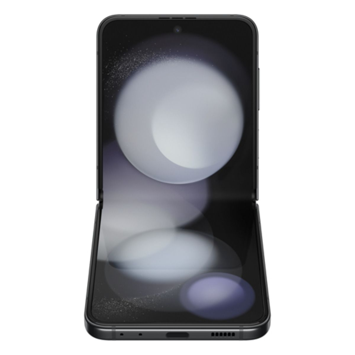 Un téléphone à clapet noir, ouvert, affichant un motif abstrait sur son écran.