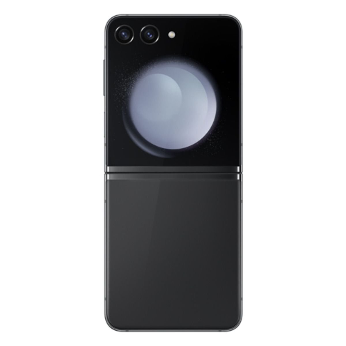 Un téléphone à clapet fermé et sombre avec deux caméras en haut et un grand cercle à l'écran.
