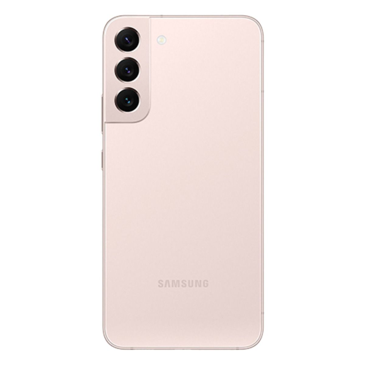Ein blassrosa Samsung Smartphone mit Dreifachkamera auf der Rückseite.
