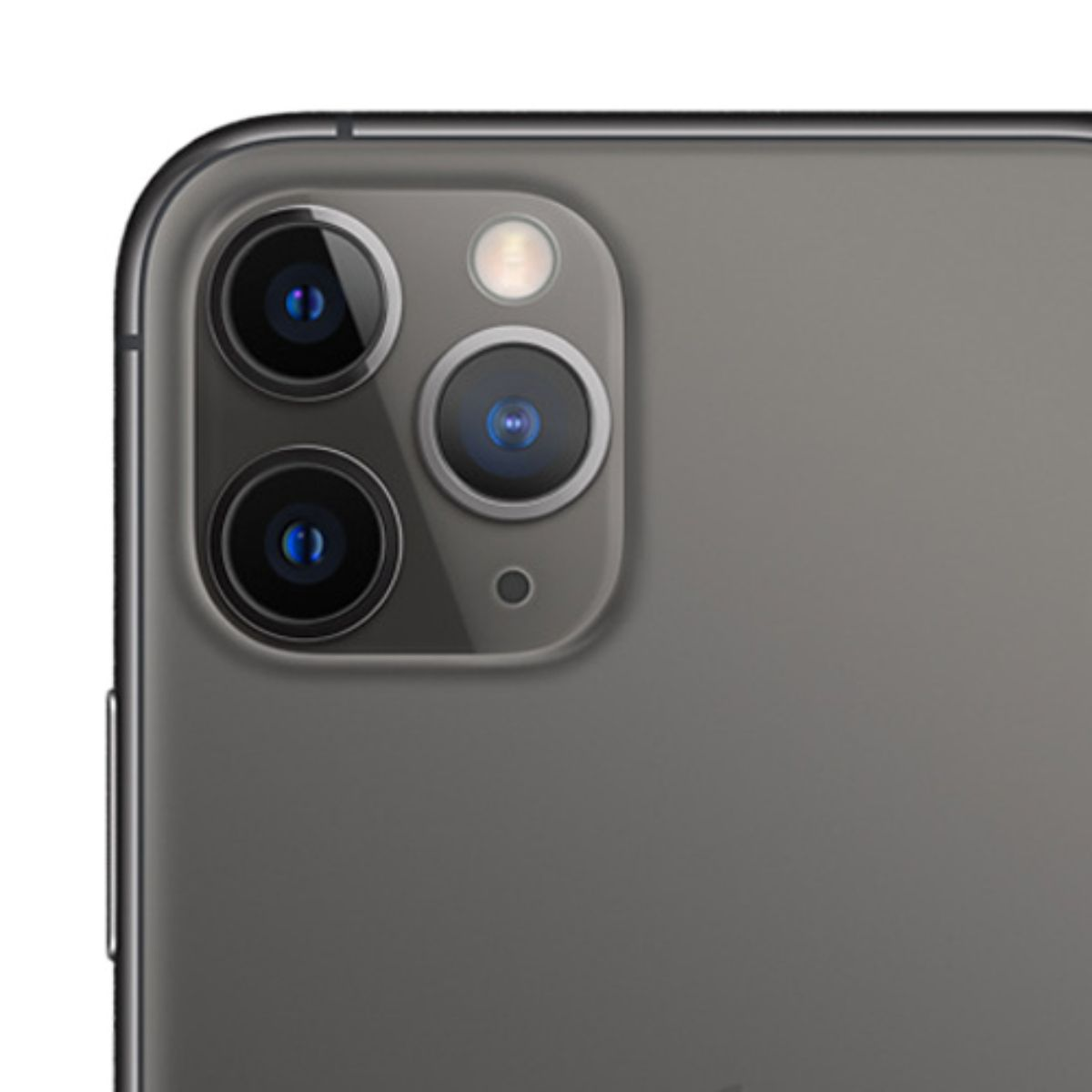 Nahaufnahme der Rückseite eines dunklen iPhones mit drei Kameras und Blitz.