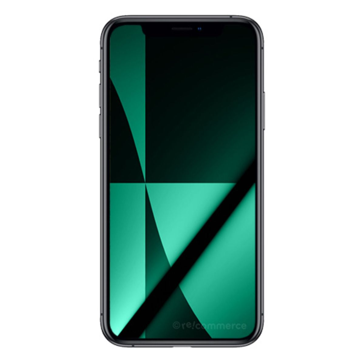 Dunkelgraues Smartphone mit abstraktem, türkisfarbenem Hintergrundmuster.