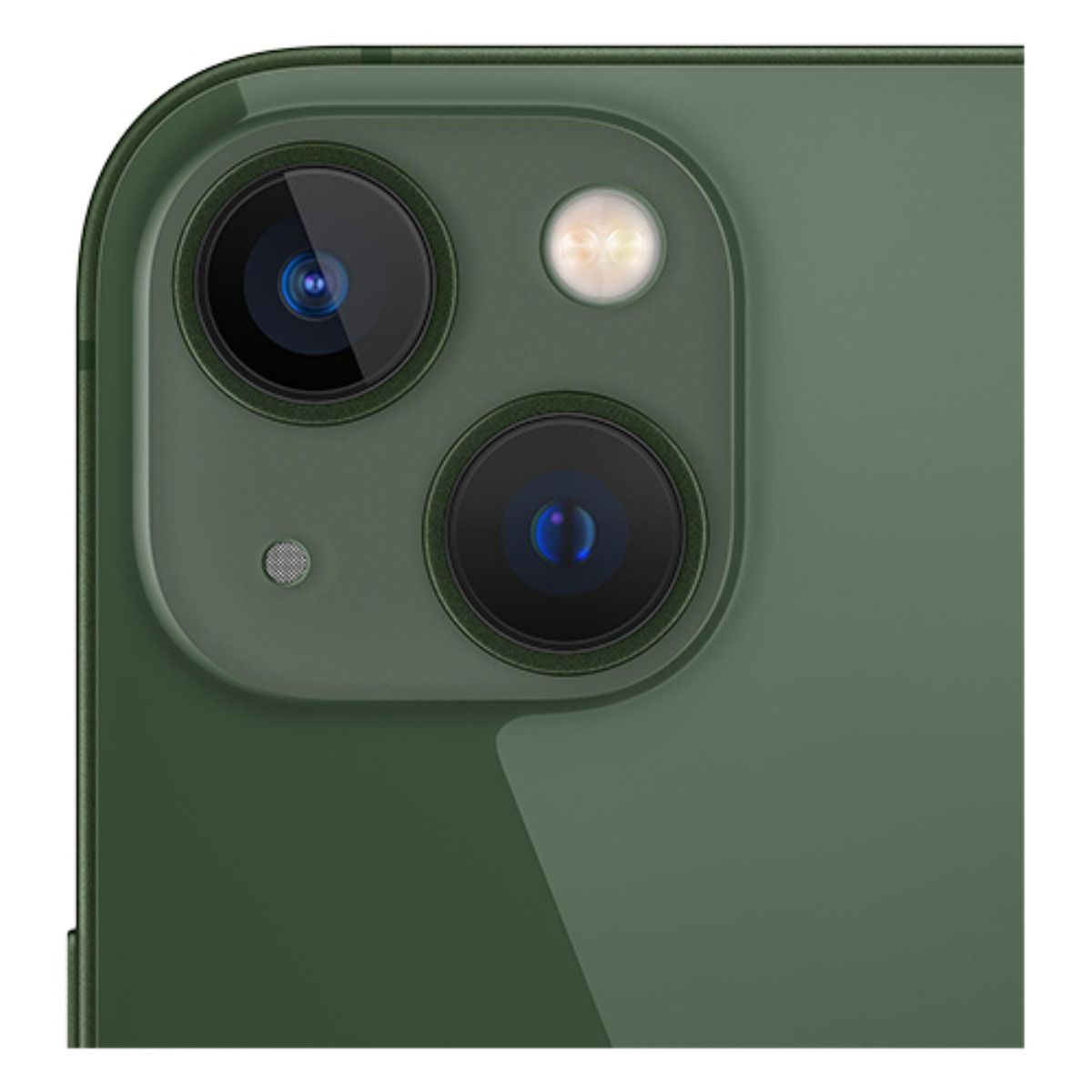 Primo piano del retro di un iPhone verde con due fotocamere e flash.