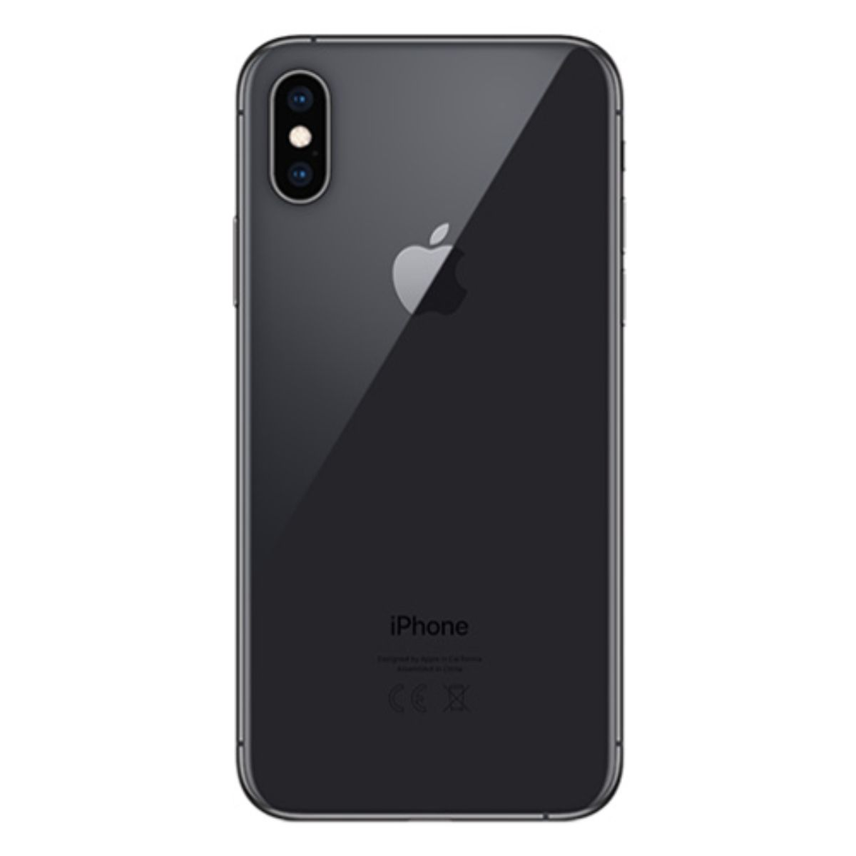 Dunkelgraues iPhone mit doppeltem Blitz und Apple-Logo auf der Rückseite.