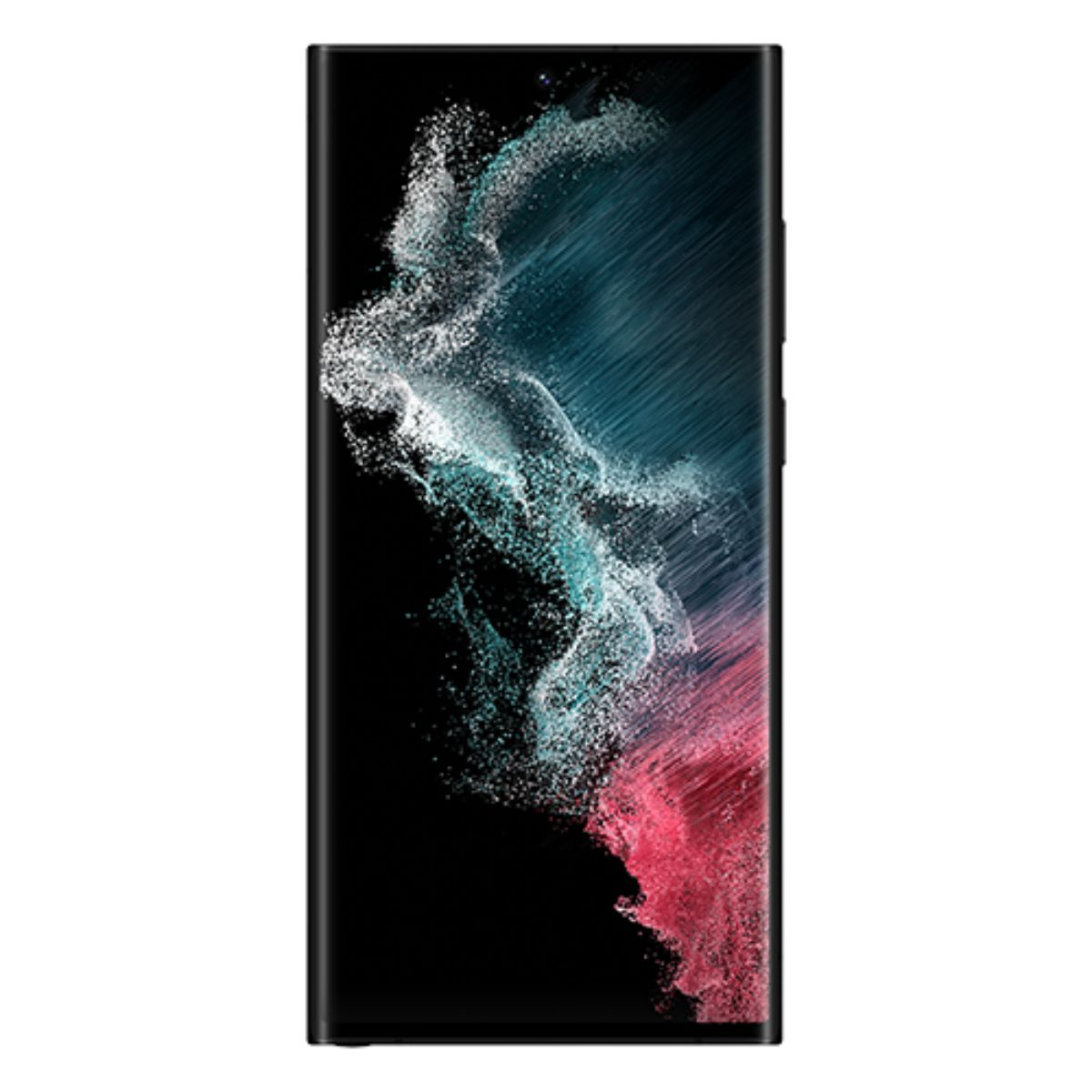 Ein schwarzes Smartphone mit einem bunten, abstrakten Hintergrund.