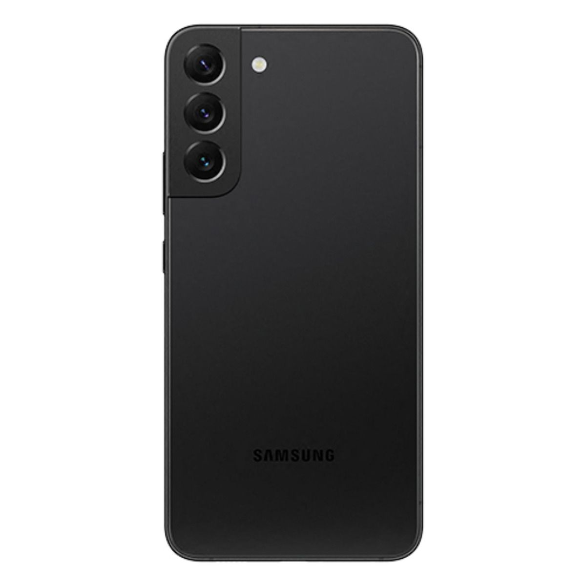 Schwarzes Smartphone mit drei Kameras und Blitz oben links.