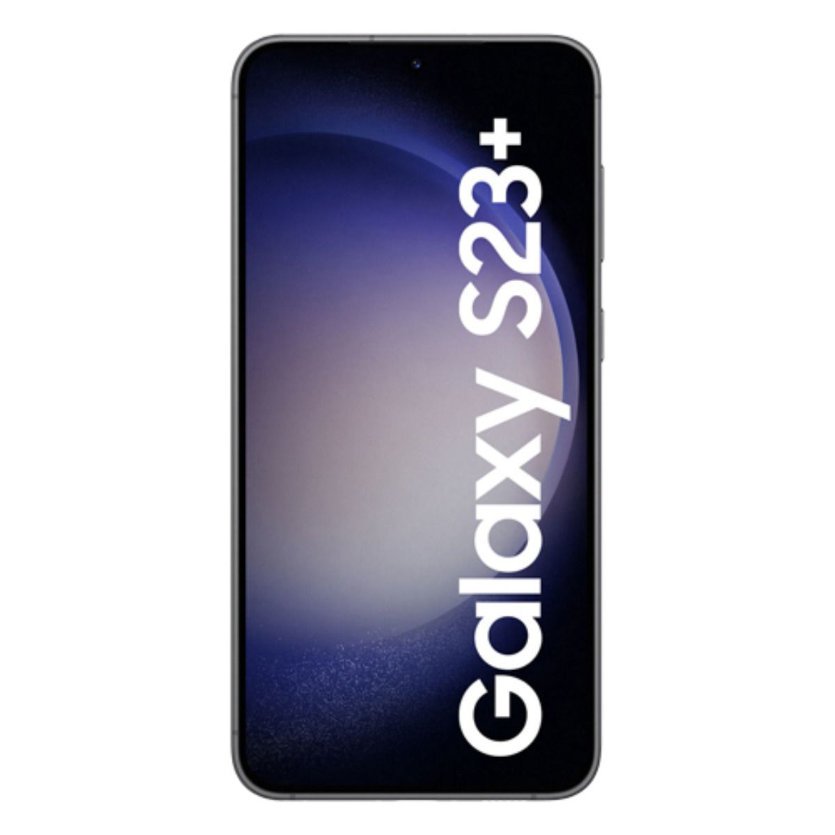 Ein graues Samsung Galaxy S23+ Smartphone mit einem lila und grauen Hintergrund.