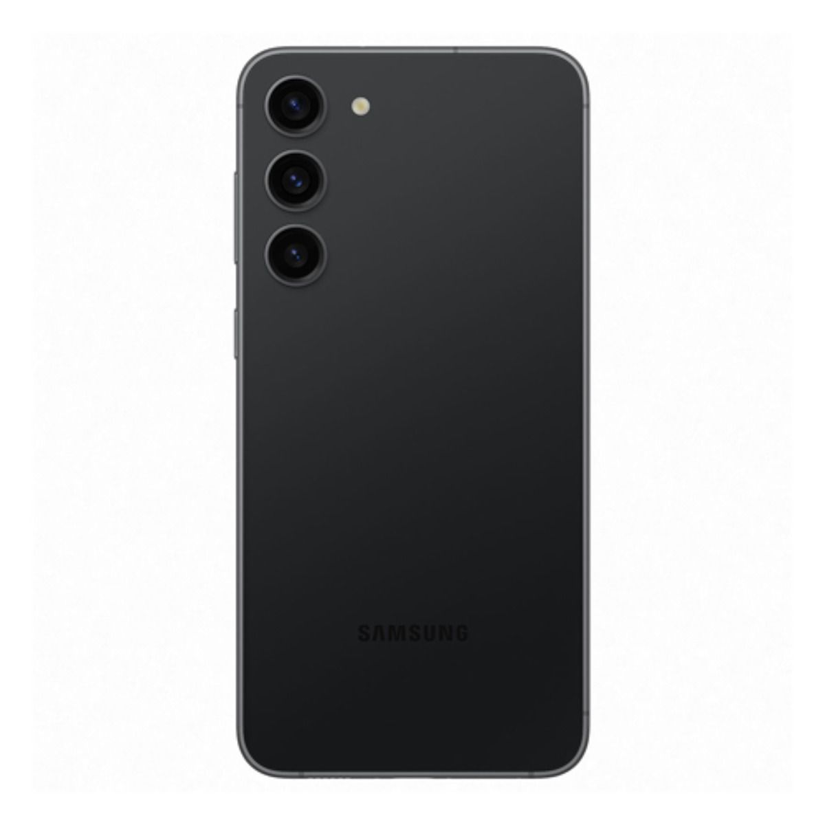 Rückseite eines schwarzen Samsung-Smartphones mit drei Kameralinsen und Blitz.