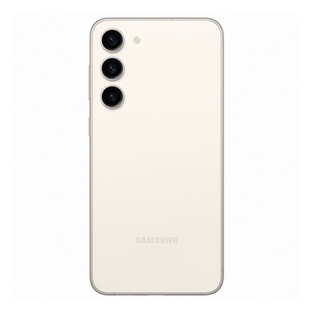 Un smartphone Samsung couleur crème avec trois caméras arrière.