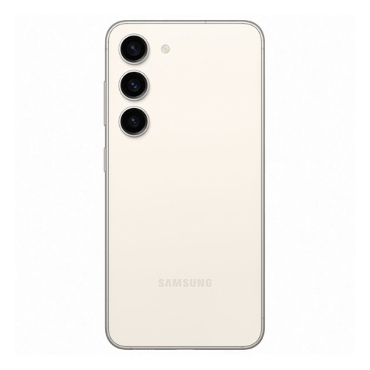 Rückseite eines hellbeigen Samsung Smartphones mit drei Kameras und Blitz.