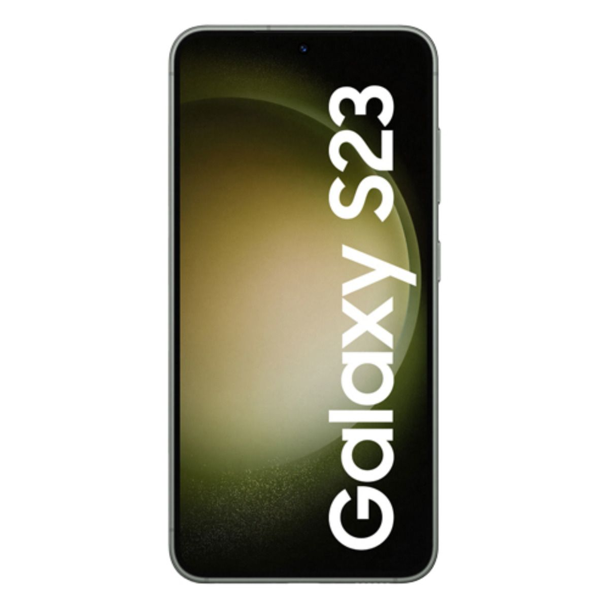 Ein silbernes Samsung Galaxy S23 Smartphone mit einem hellgrünen Hintergrund.