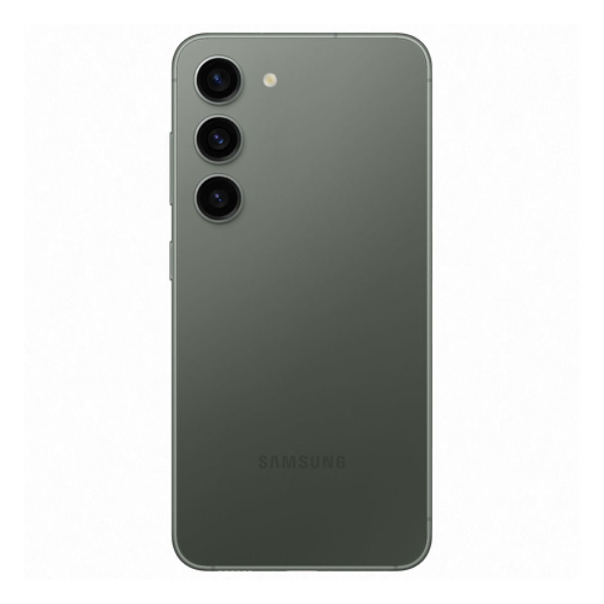 Rückseite eines grauen Samsung-Smartphones mit drei Kameras und Blitz.