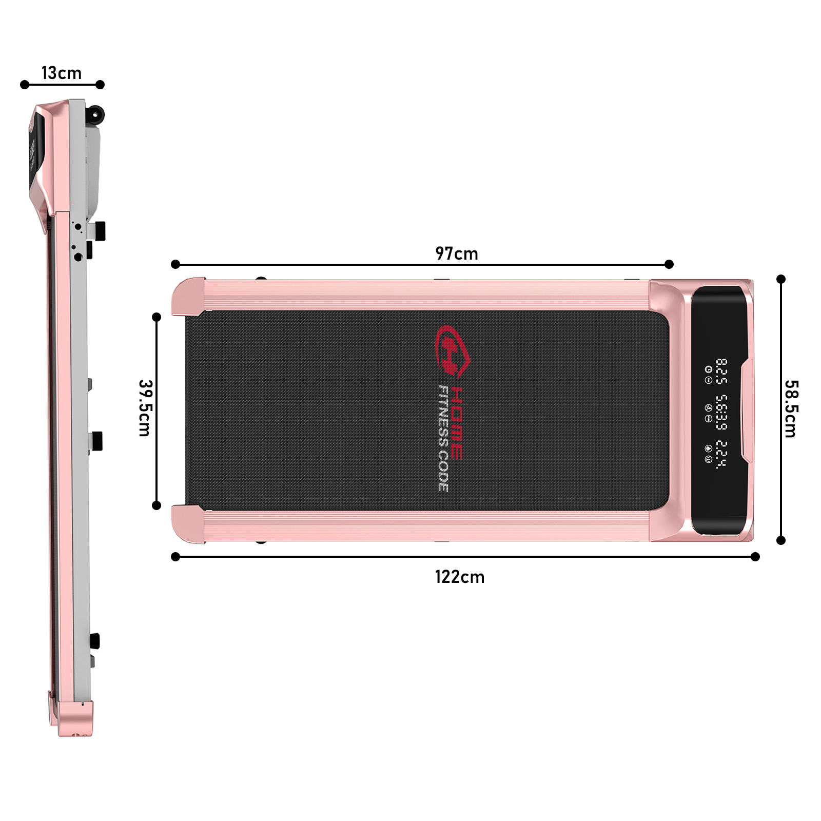 Różowa bieżnia pokazana z góry i z boku z wymiarami.