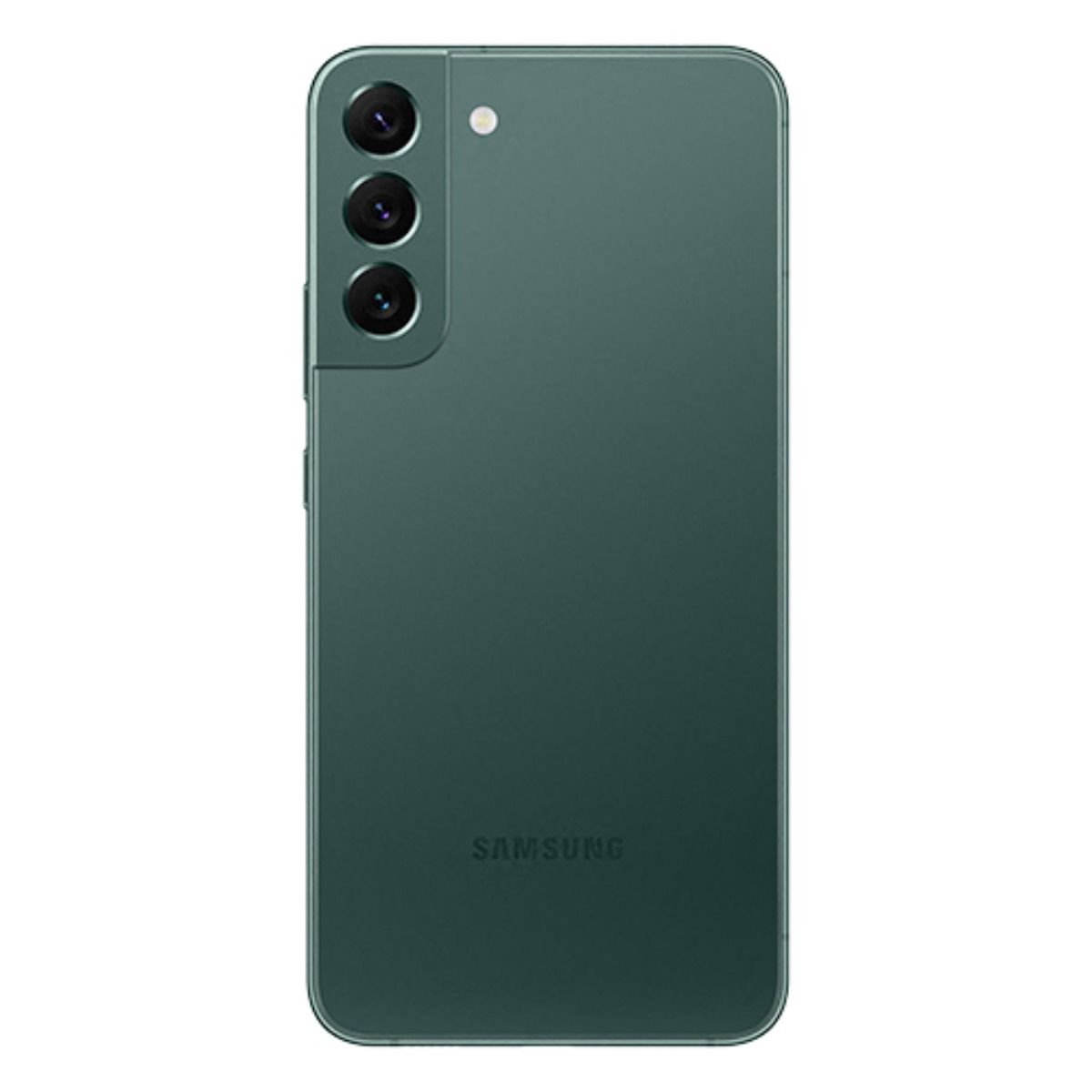 Rückseite eines dunklen türkisfarbenen Smartphones mit drei Kameras und Samsung-Logo.
