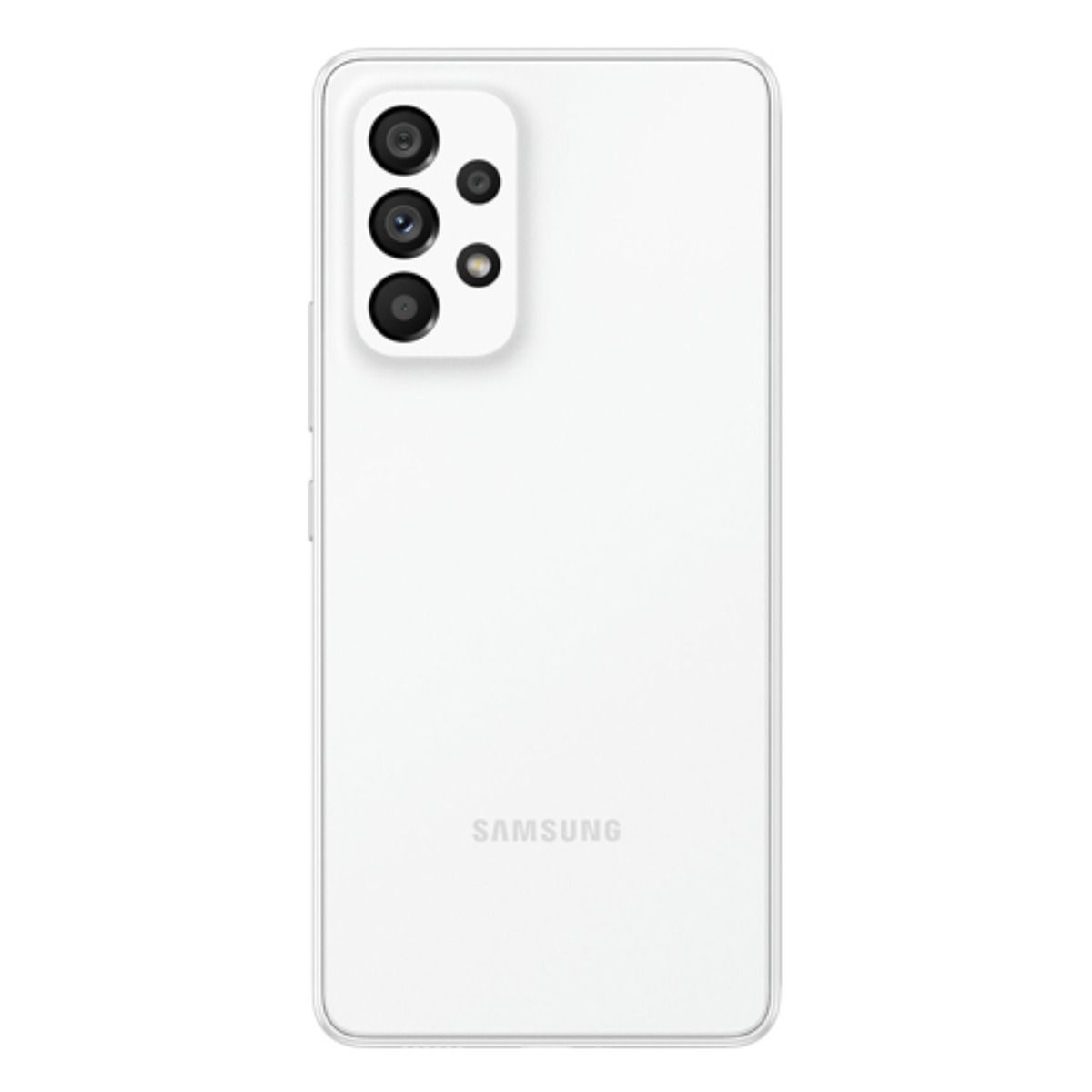 Weiße Rückseite eines Smartphones mit einer Kamerainsel oben links. Samsung-Logo unten.