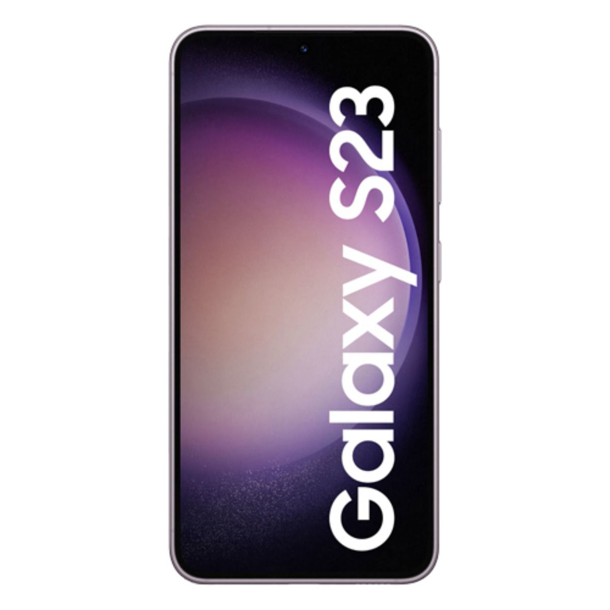 Ein graues Samsung Galaxy S23 Smartphone mit weißem Text auf dem Bildschirm.