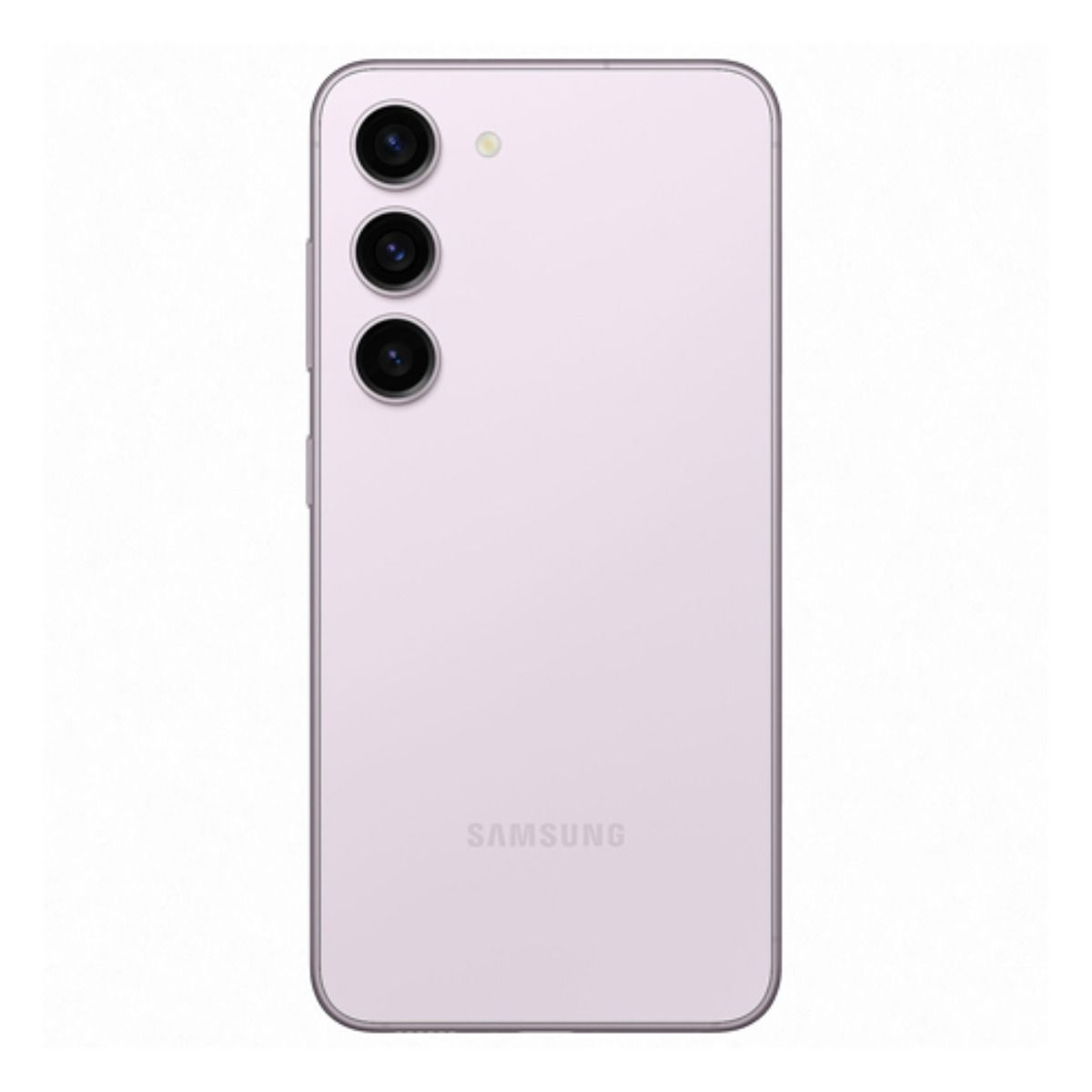 Ein hellviolettes Samsung Smartphone mit drei Kameras auf der Rückseite.