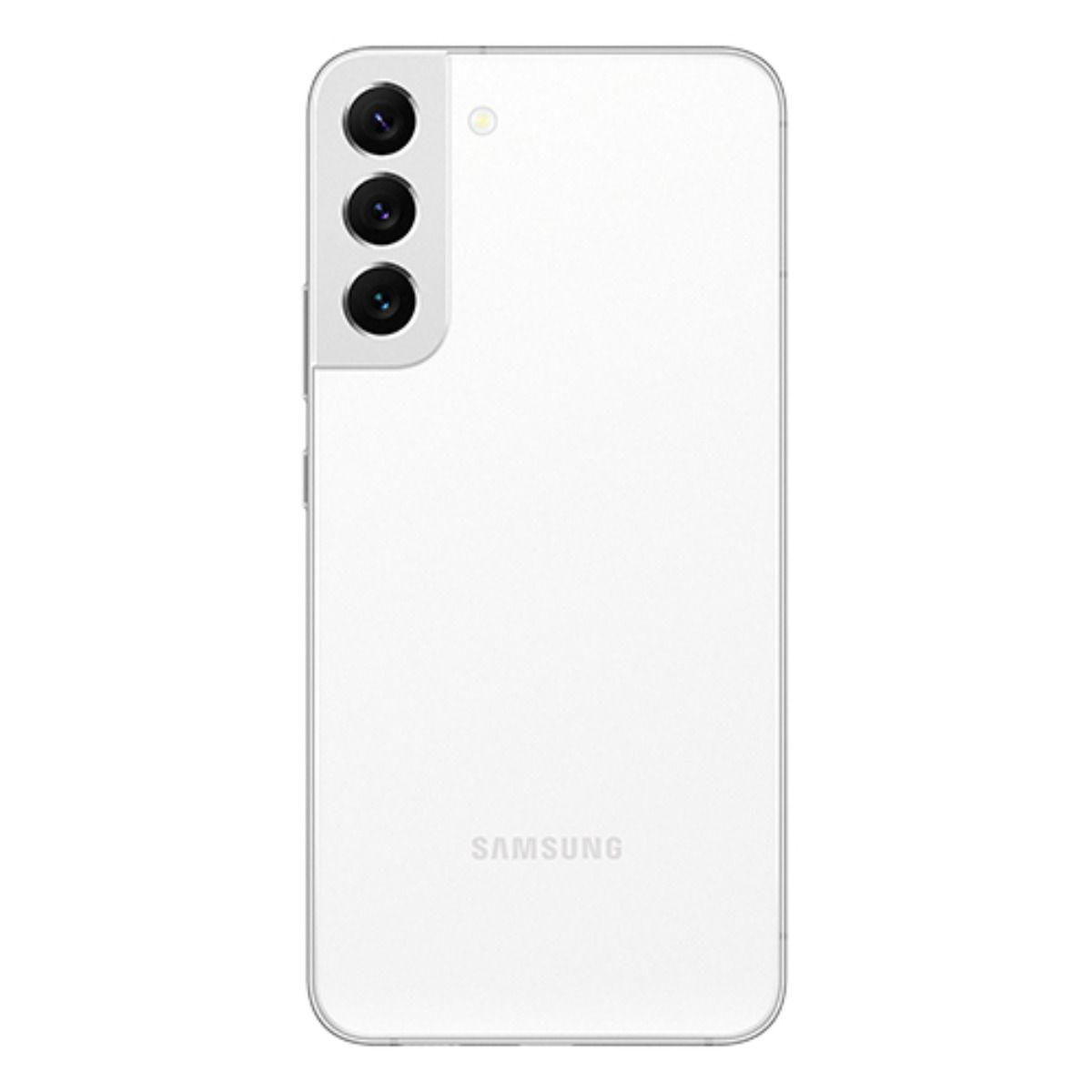 Un smartphone Samsung blanc avec trois objectifs photo en haut à gauche.
